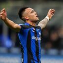 Inter Milan's Lautaro Martinez celebrates after he scored his side's third goal during the Serie A soccer match between Inter Milan and Udinese at the San Siro stadium, in Milan, Italy, Saturday, Feb. 18, 2023. (AP Photo/Antonio Calanni)