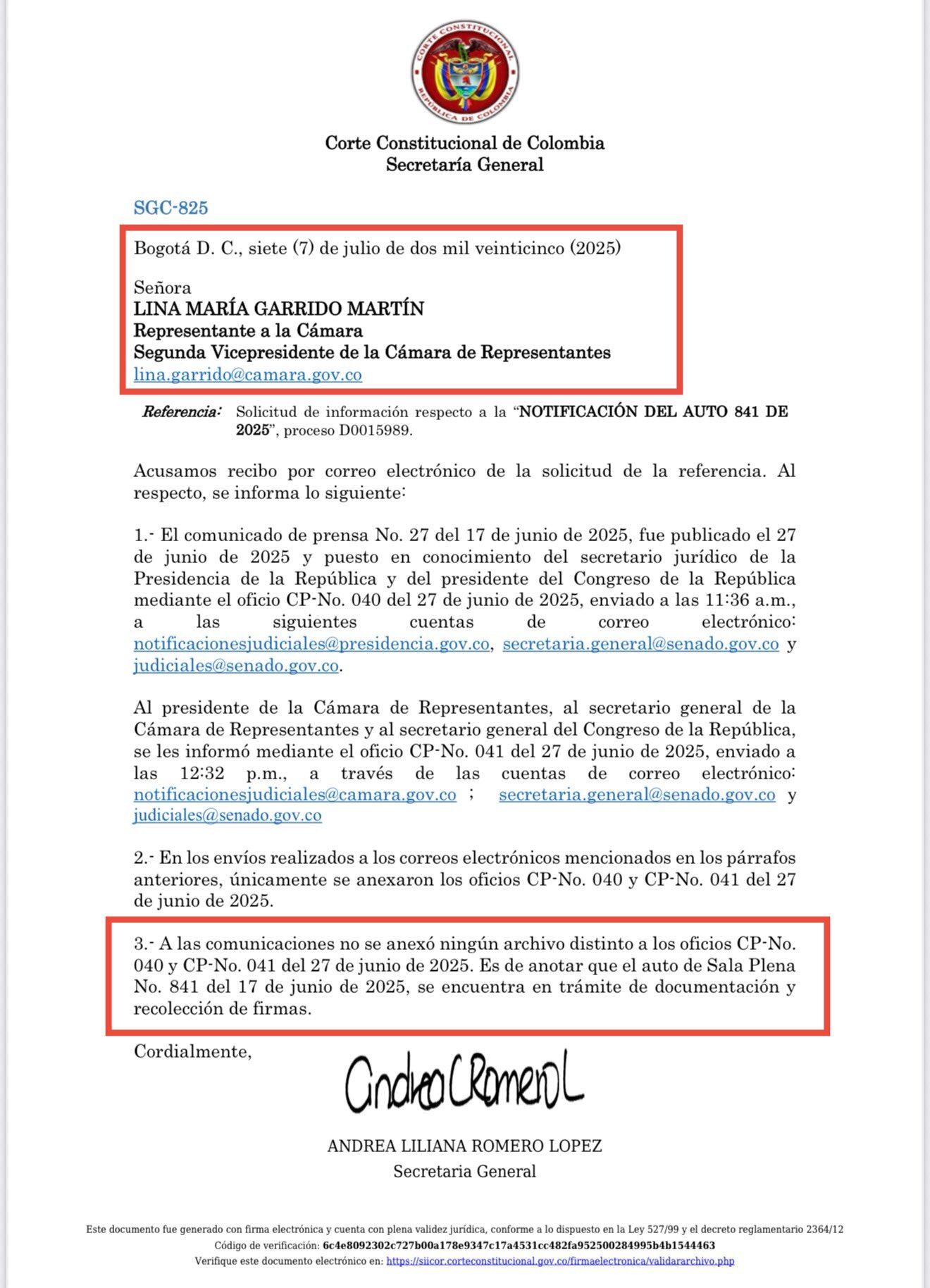 Esta es la comunicación de la Corte Constitucional a la congresista Lina Garrido.