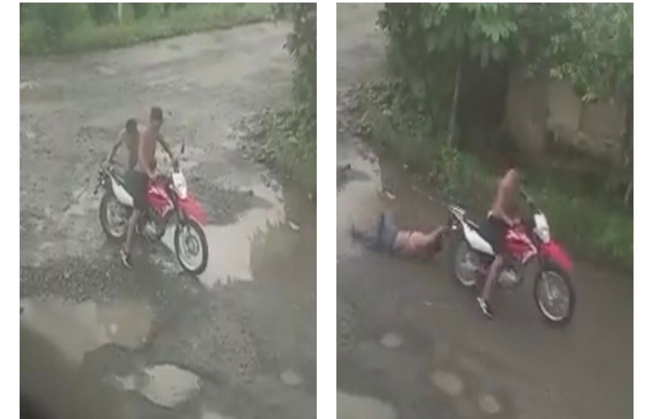 En video quedó registrado el momento en el que un ladrón a quien se le partió una pierna en medio de un robo, no es auxiliado por su cómplice, quien lo deja tirado en medio de una calle destapada y llena de charcos.