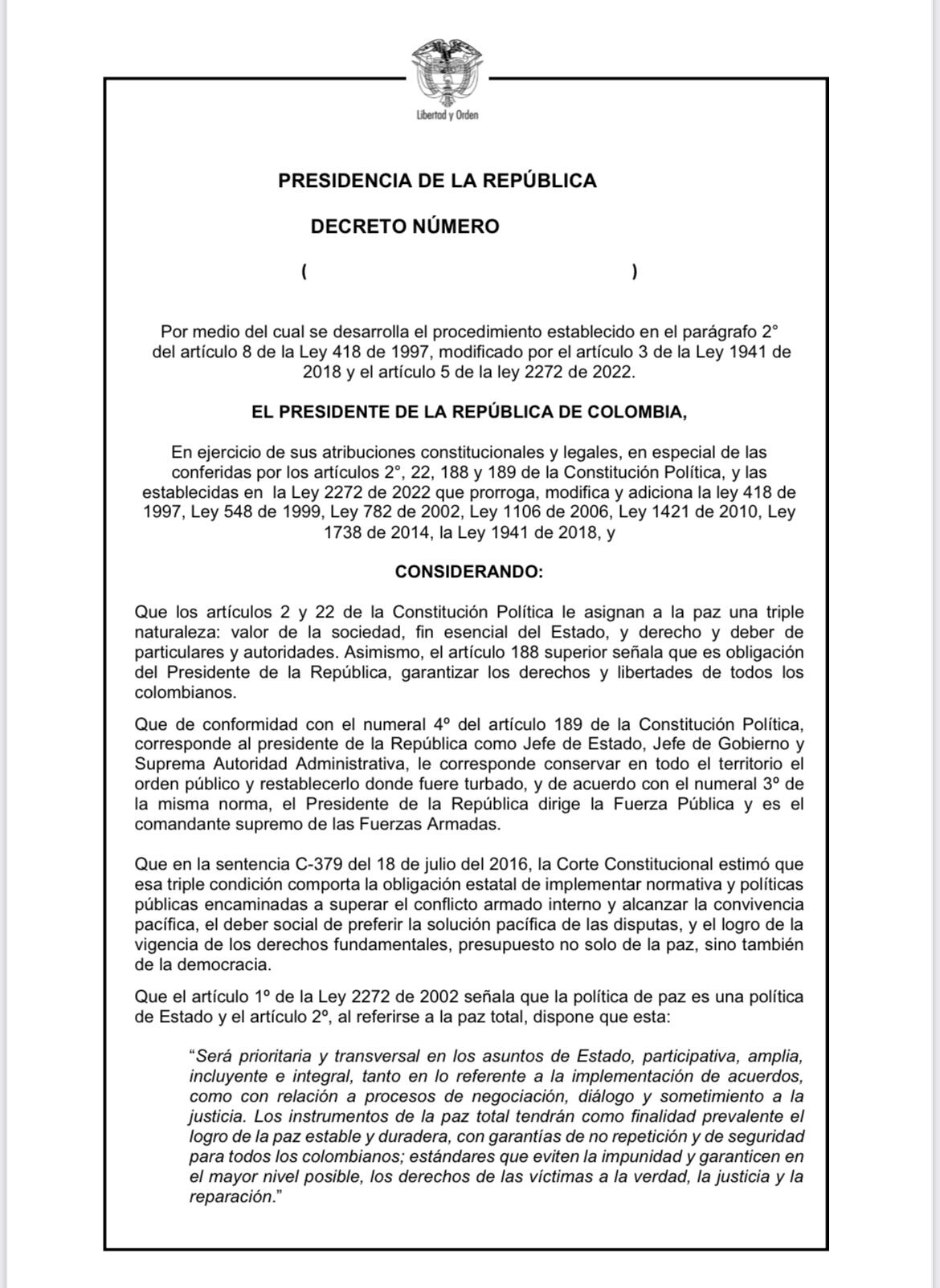 Borrador de decreto Presidencia