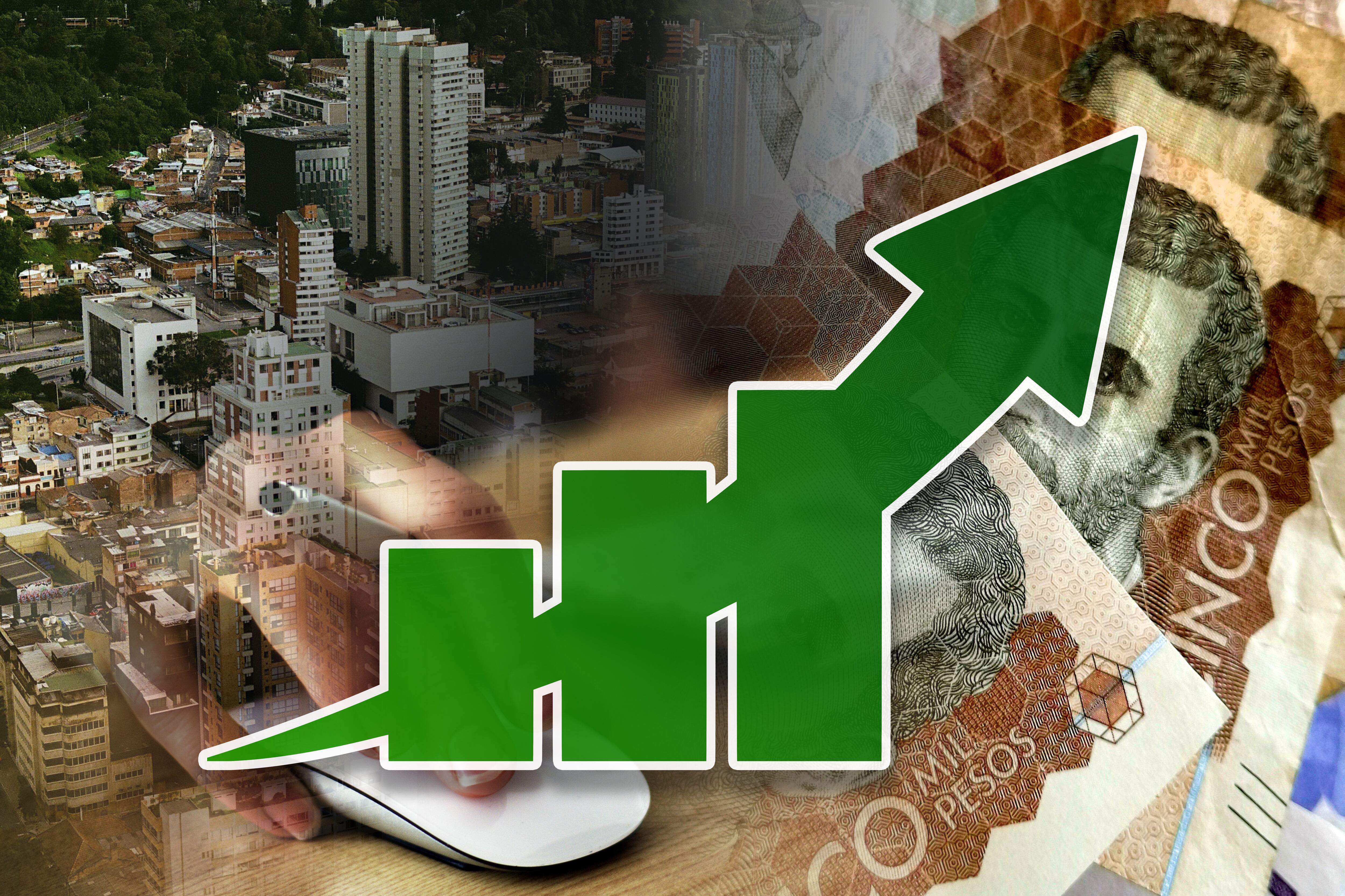 Economy chart: up arrow, Colombian peso banknotes in cash, Bogota city and hand with mouse (money, inflation, crisis, markets, finance, business)