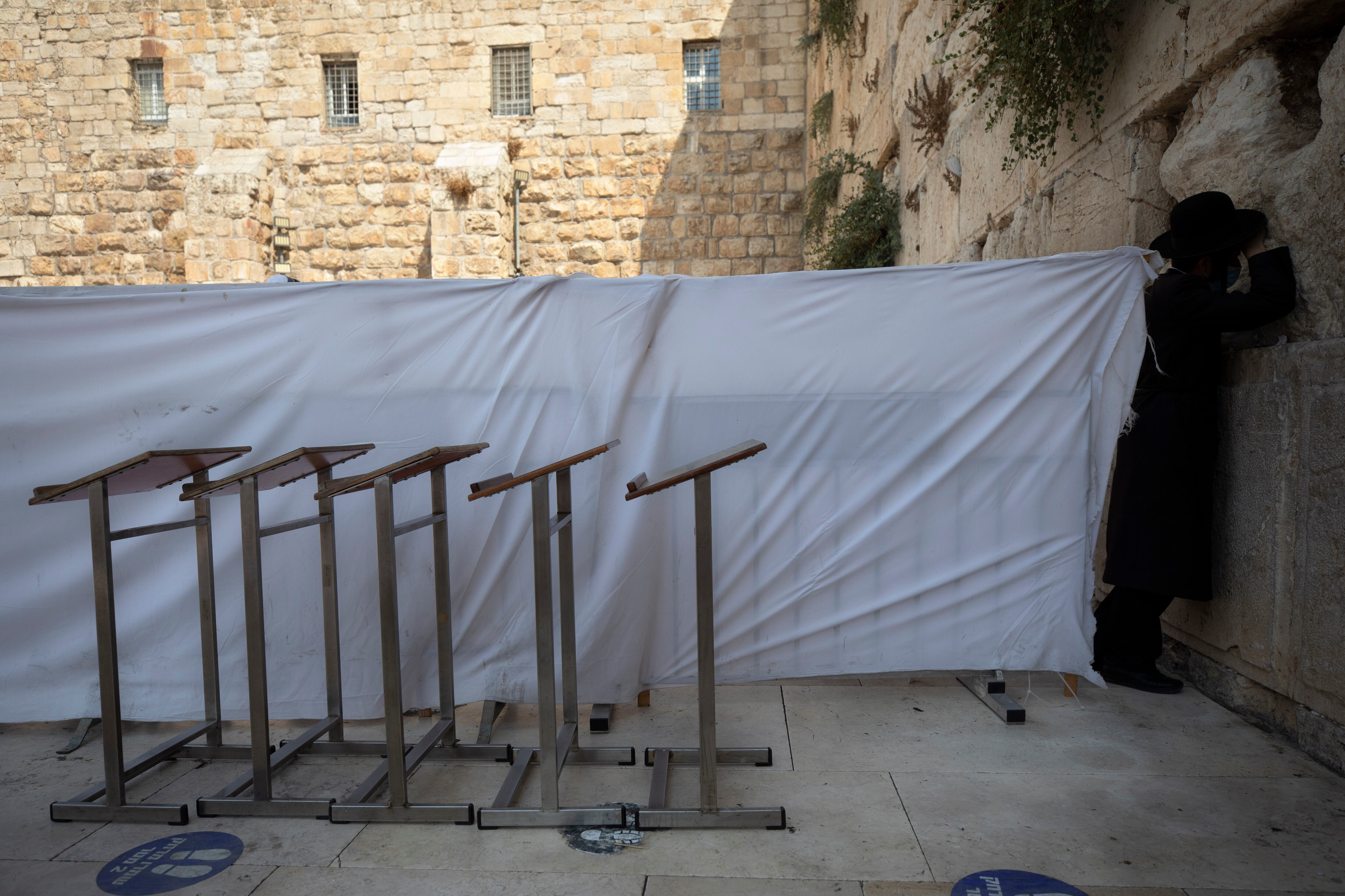 Ultra-Orthodox Jewish men pray ahead of the Jewish new year at the Western Wall, the holiest site where Jews can pray in Jerusalem's old city
