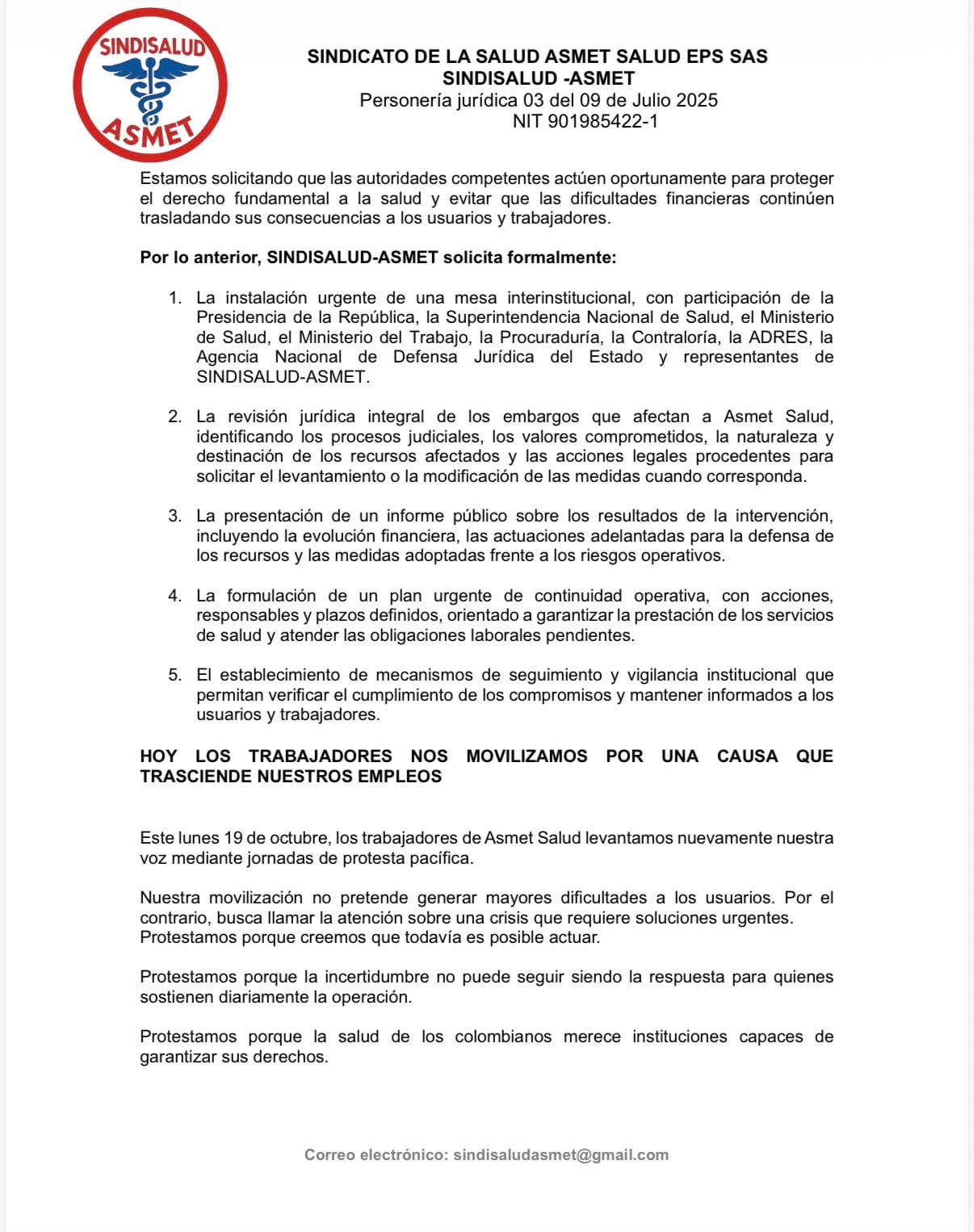 Carta de el Sindicato de Trabajadores de Asmet Salud EPS.