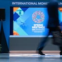 A man walks through the atrium during the 2026 IMF and World Bank Group Spring Meetings in Washington, DC, on April 14, 2026. (Photo by Kent NISHIMURA / AFP)
