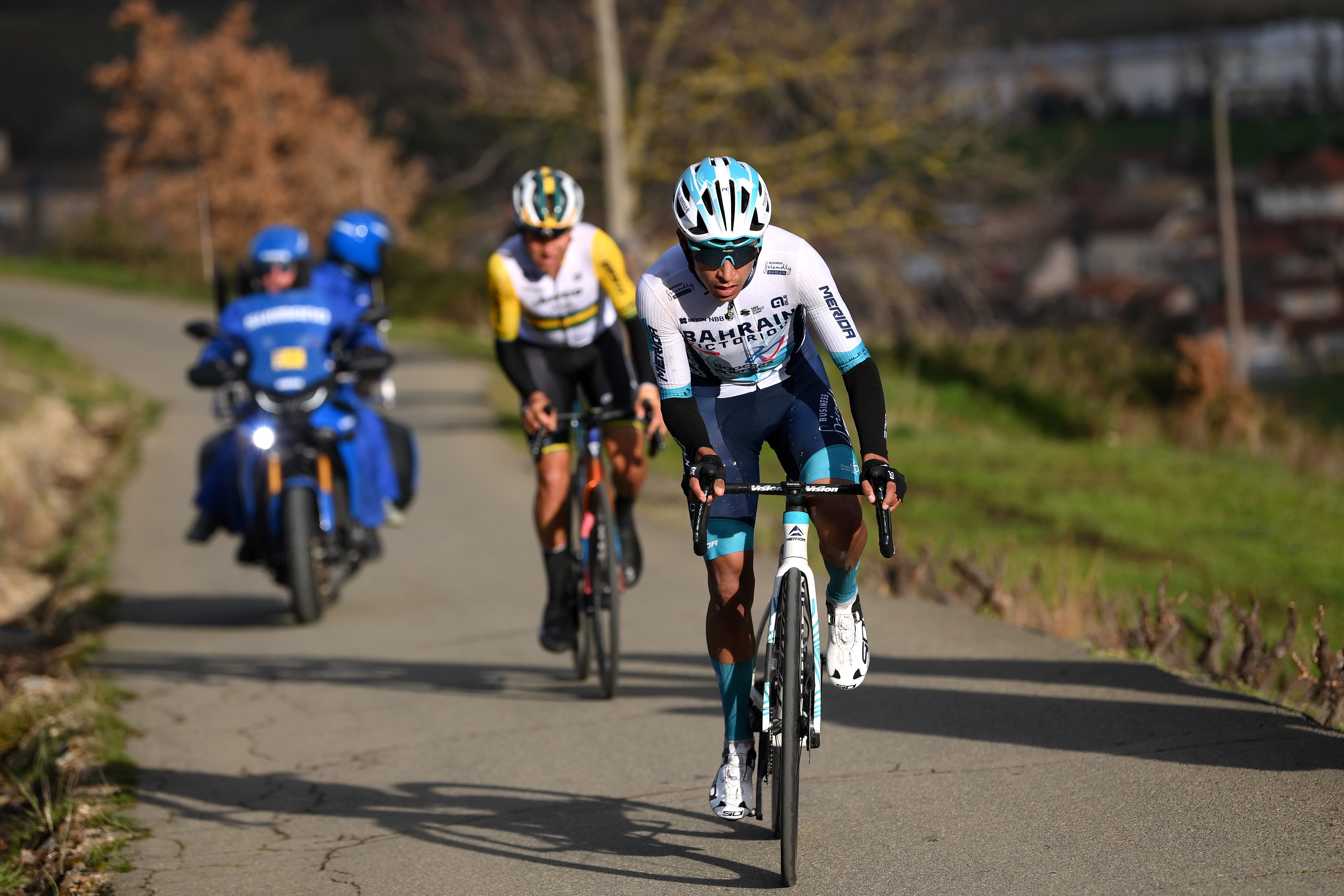 MONT BROUILLY, FRANCE - MARCH 06: (L-R) Luke Plapp of Australia and Team Jayco AlUla and Santiago Buitrago of Colombia and Team Bahrain - Victorious compete in the breakaway during the 82nd Paris - Nice 2024, Stage 4 a 183km stage from Chalon-sur-Saône to Mont Brouilly 476m / #UCIWT / on March 06, 2024 in Mont Brouilly, France. (Photo by Alex Broadway/Getty Images)