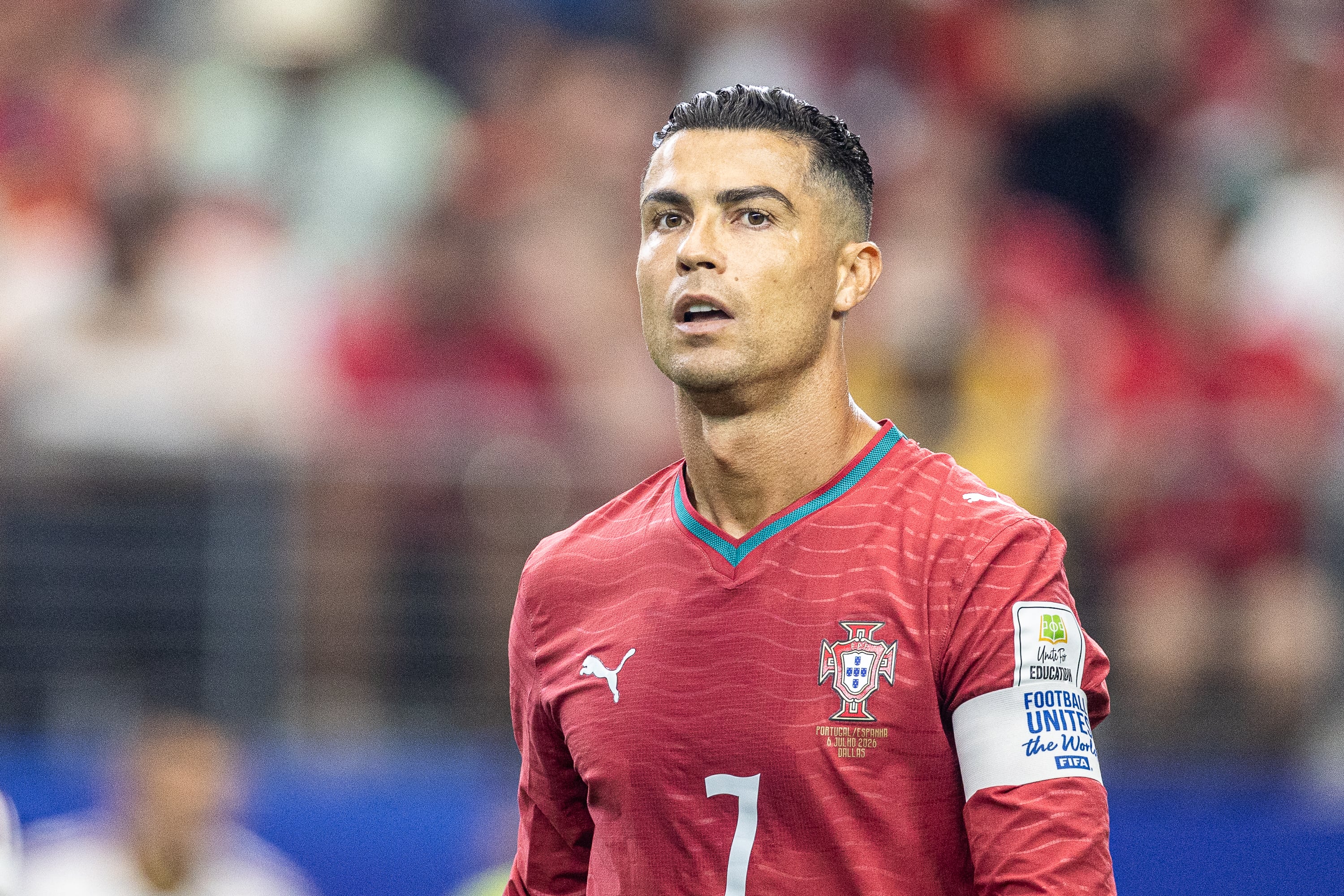 DALLAS, UNITED STATES - 2026/07/06: Cristiano Ronaldo of Portugal seen during FIFA World Cup 2026 football match between Portugal and Spain at AT&T Stadium Stadium (Dallas). Final score; Portugal 0:1 Spain. (Photo by Grzegorz Wajda/SOPA Images/LightRocket via Getty Images)