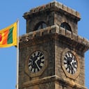 Telephoto image of Dutch colonial clock tower.