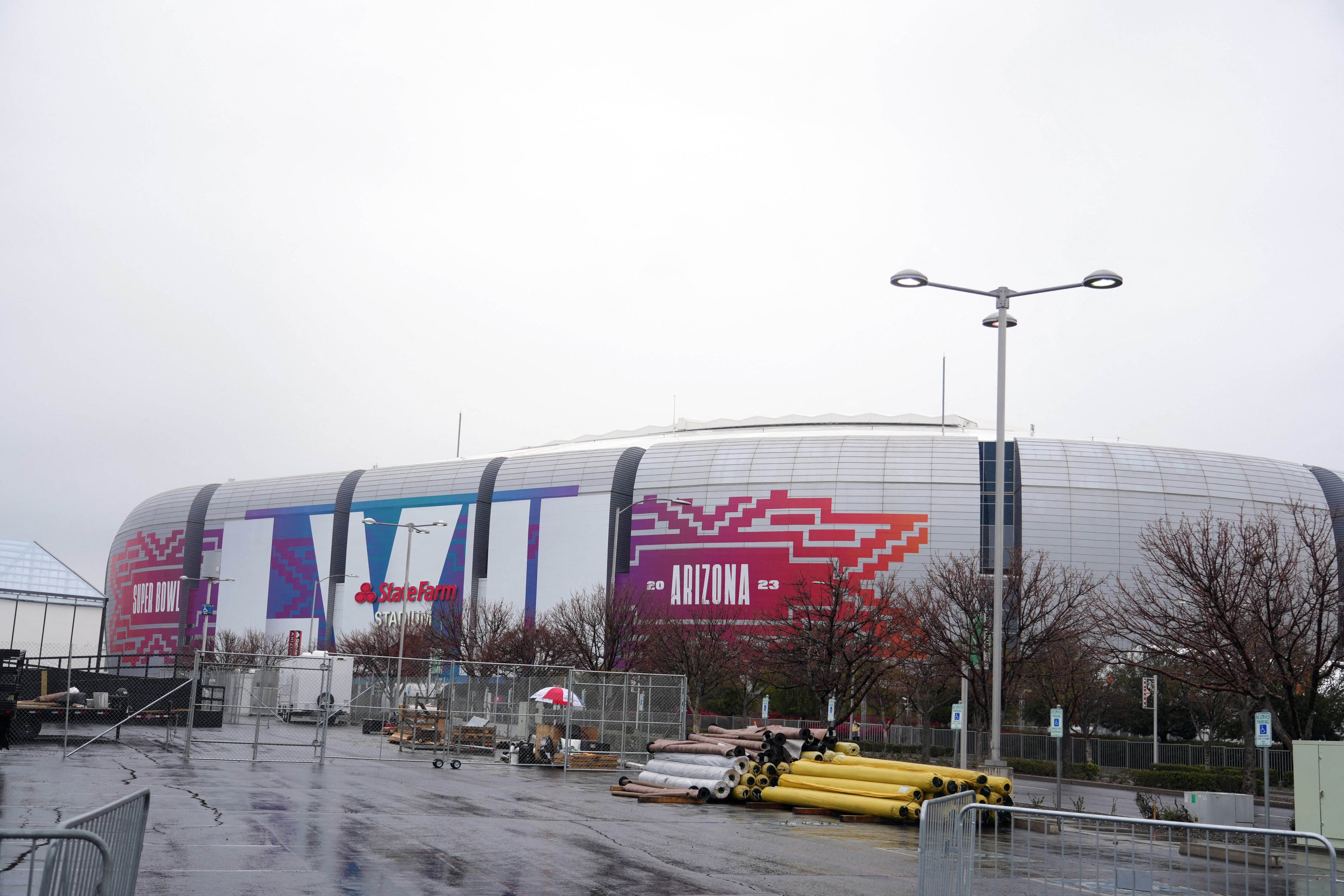 Jan 31, 2023; Glendale, AZ, USA; A view of the stadium construction during a Super Bowl LVII stadium and field preparation press conference at State Farm Stadium. Mandatory Credit: Joe Camporeale-USA TODAY Sports