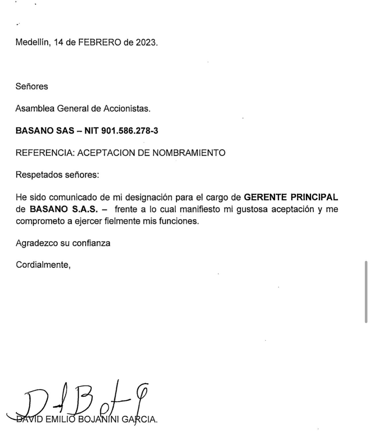 David Bojanini asumió la representación legal de Basano SAS, el pasado 14 de febrero