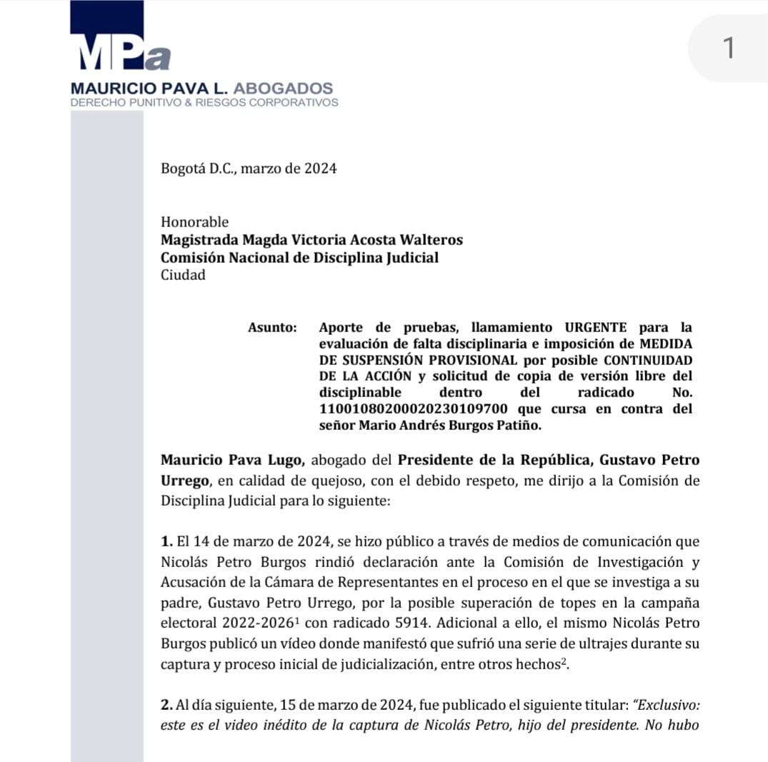 Con este memorial, Mauricio Pava, abogado del presidente Gustavo Petro, pide la suspensión del fiscal Mario Burgos.