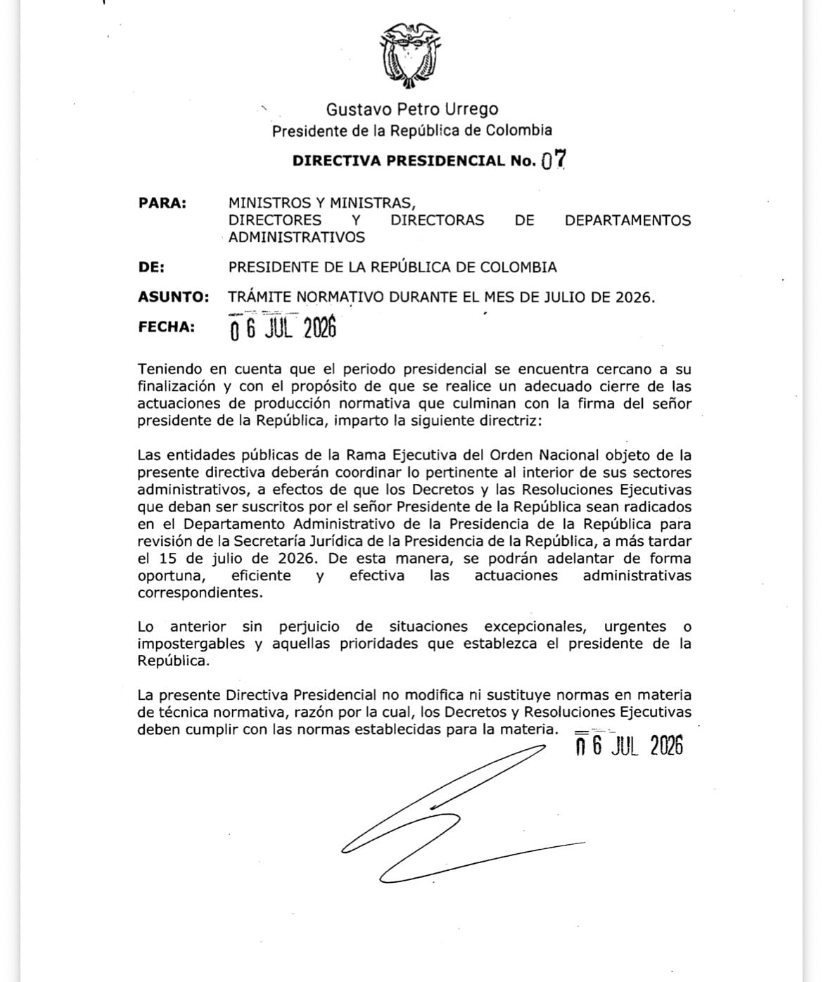 Directiva que expidió el presidente saliente Gustavo Petro.