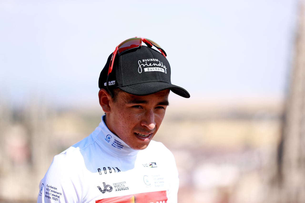 BURGOS, SPAIN - AUGUST 02: Santiago Buitrago Sanchez of Colombia and Team Bahrain Victorious celebrates winning the White Best Young Jerseyon the podium ceremony after the 44th Vuelta a Burgos 2022- Stage 1 a 157km stage from Catedral de Burgos to Mirador del Castillo, Burgos / #VueltaBurgos / on August 02, 2022 in Burgos, Spain. (Photo by Gonzalo Arroyo Moreno/Getty Images)