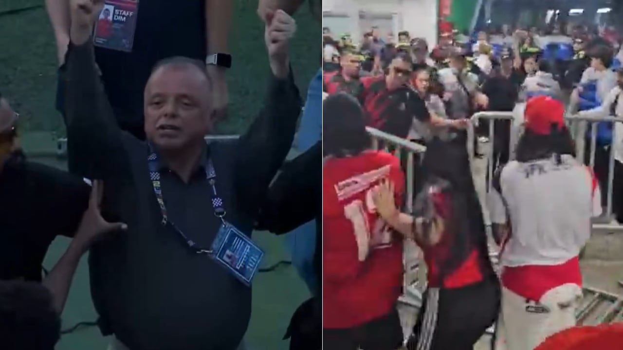 Raúl Giraldo, dueño del DIM, haciendo gestos contra la hinchada.