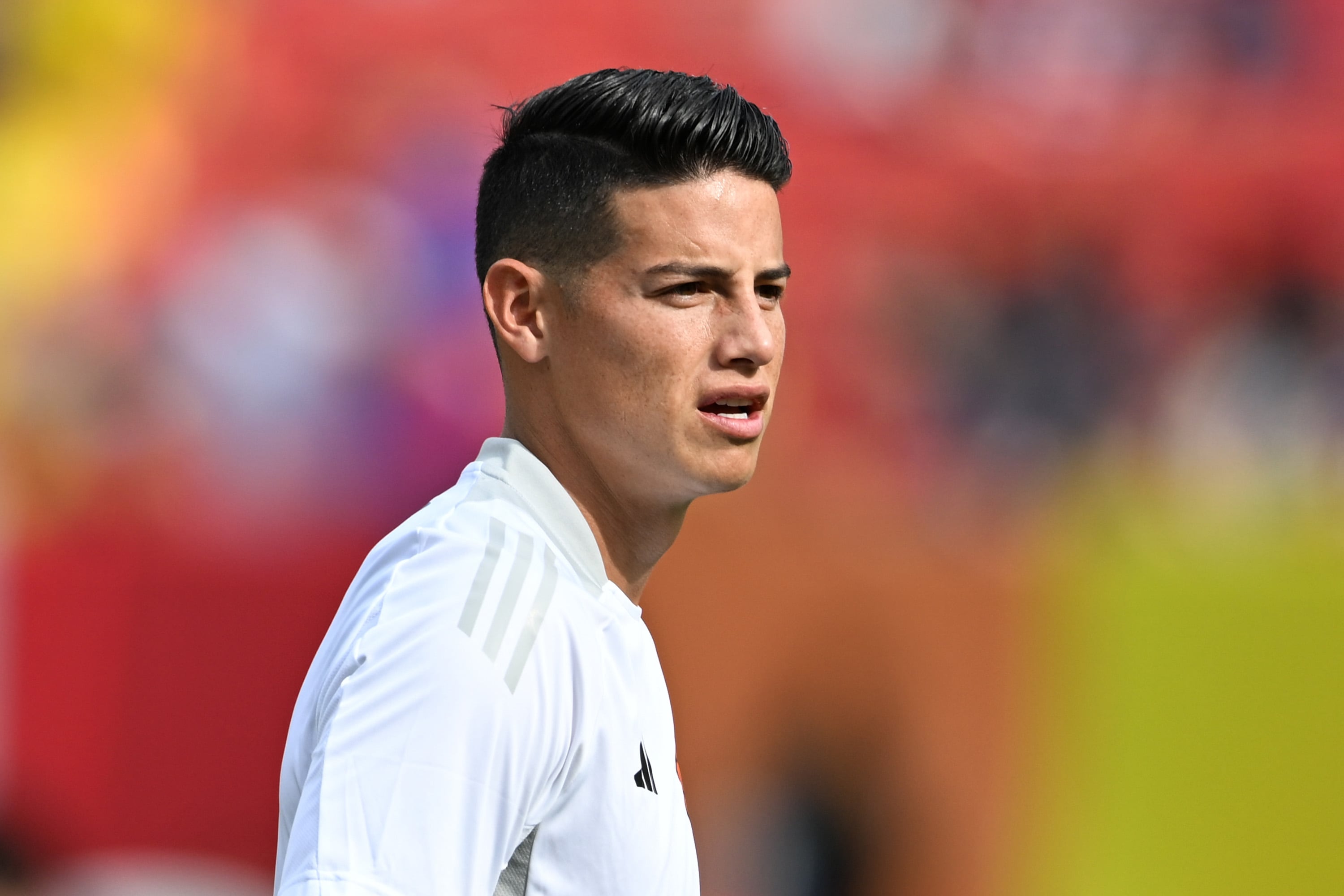 LANDOVER, MARYLAND - JUNE 8: James Rodriguez #10 of Colombia warms up before the match between Colombia and USMNT at Commanders Field on June 8, 2024 in Landover, Maryland. (Photo by Stephen Nadler/ISI Photos/Getty Images)
