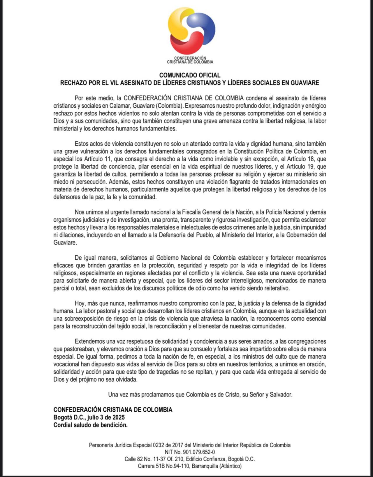 Comunicado de la Confederación Cristiana de Colombia.
