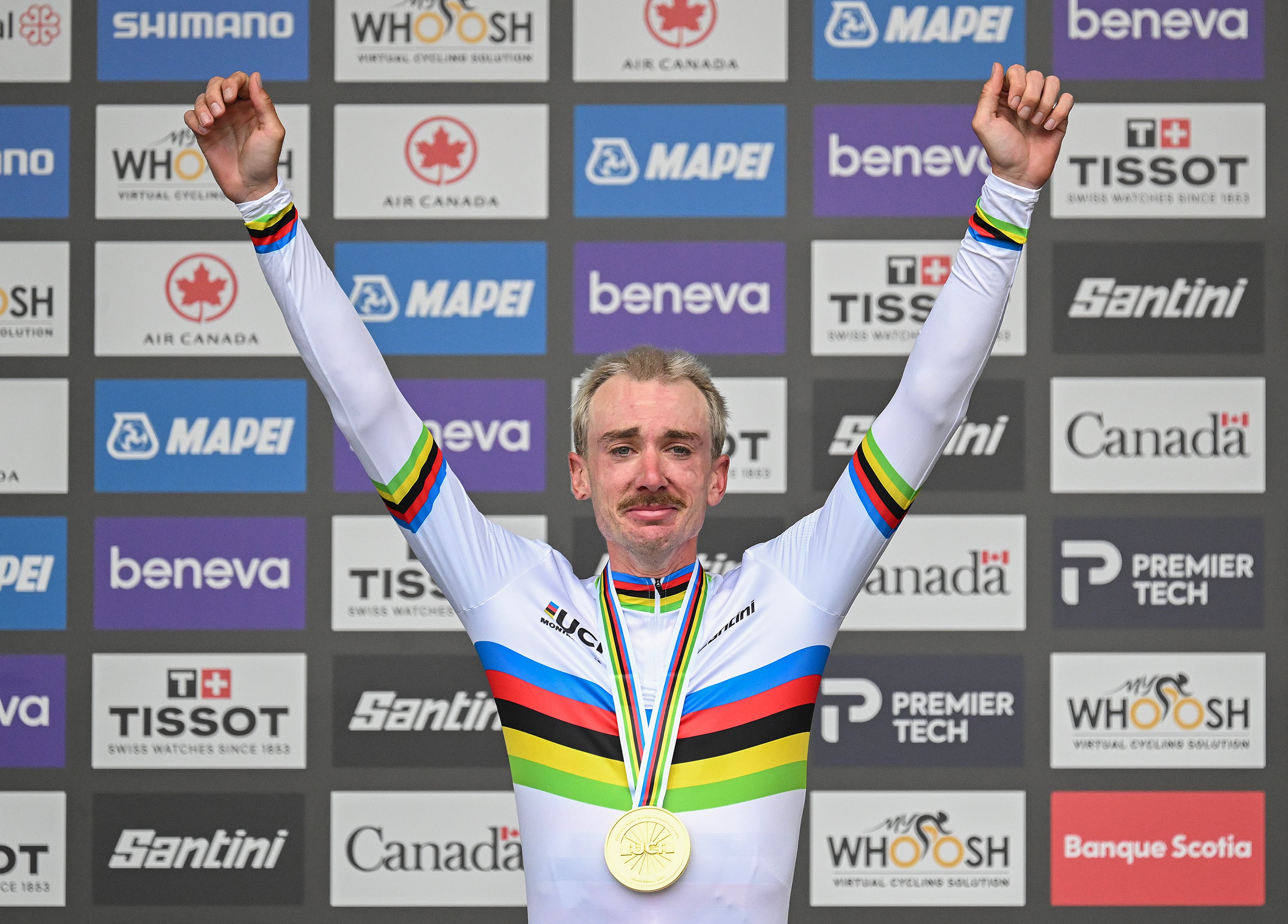 Brandon McNulty, of the United States, celebrates after winning the men's elite road race at the UCI Road World Championships cycling event in Montreal on Sunday, Sept. 27, 2026. (Graham Hughes/The Canadian Press via AP)