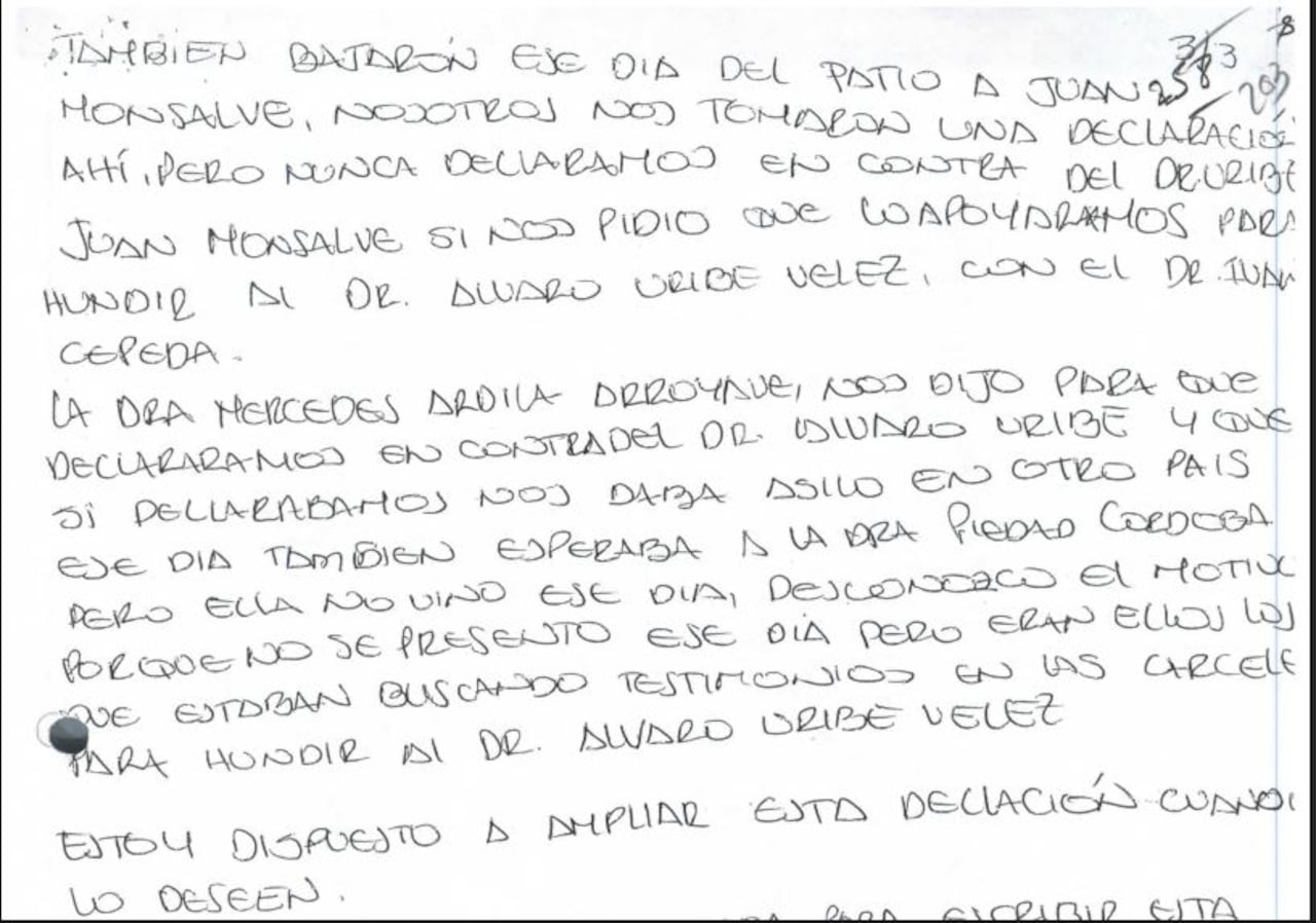 Esta es la carta enviada por tres exparamilitares a la Corte Suprema en la que advertían las presiones del senador Iván Cepeda.