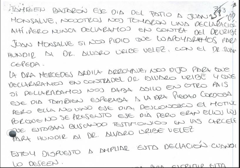 Esta es la carta enviada por tres exparamilitares a la Corte Suprema en la que advertían las presiones del senador Iván Cepeda.