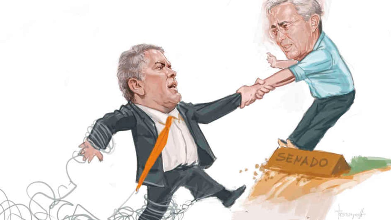 El expresidente Uribe apoya a su sucesor para detener el desgaste prematuro de su gobierno. Ilustración Jorge Restrepo