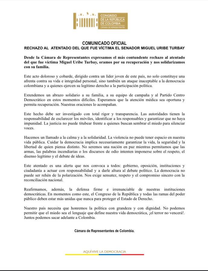 Comunicado de prensa Cámara de Representantes
