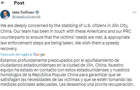Jake Sullivan se pronunció en su cuenta de X