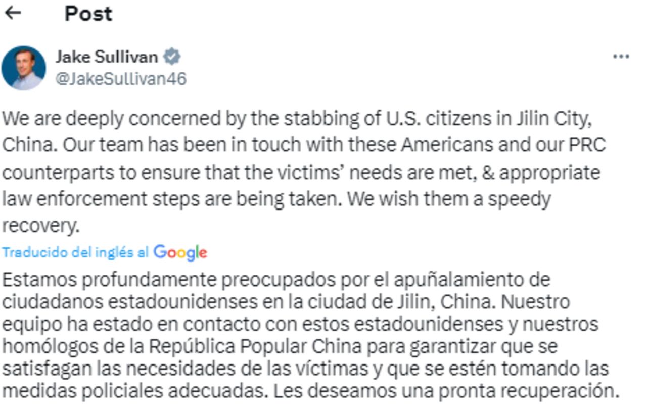 Jake Sullivan se pronunció en su cuenta de X