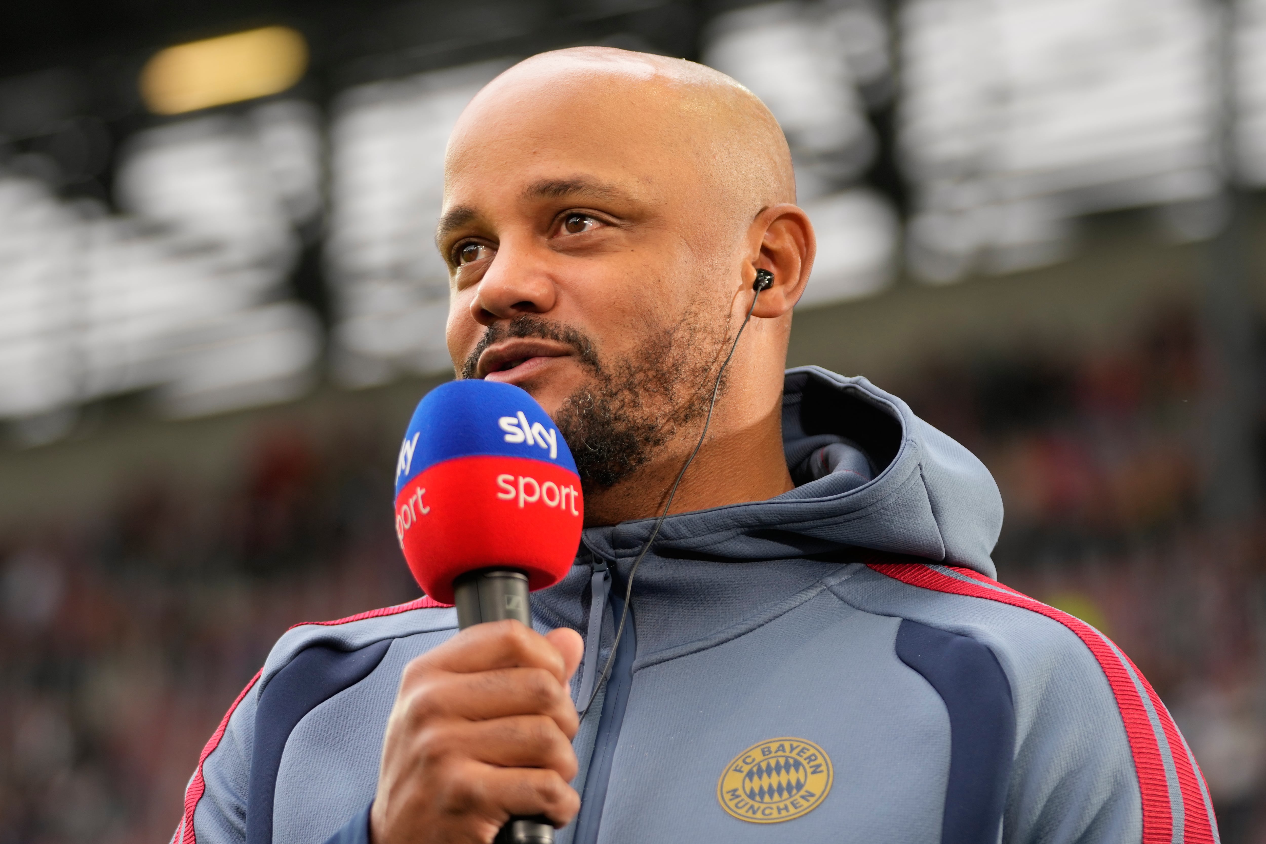 Bayern's head coach Vincent Kompany answers questions of journalists before the German Bundesliga soccer match between FC Augsburg and FC Bayern Munich in Augsburg, Germany, Oct. 10, 2026. (AP Photo/Matthias Schrader)