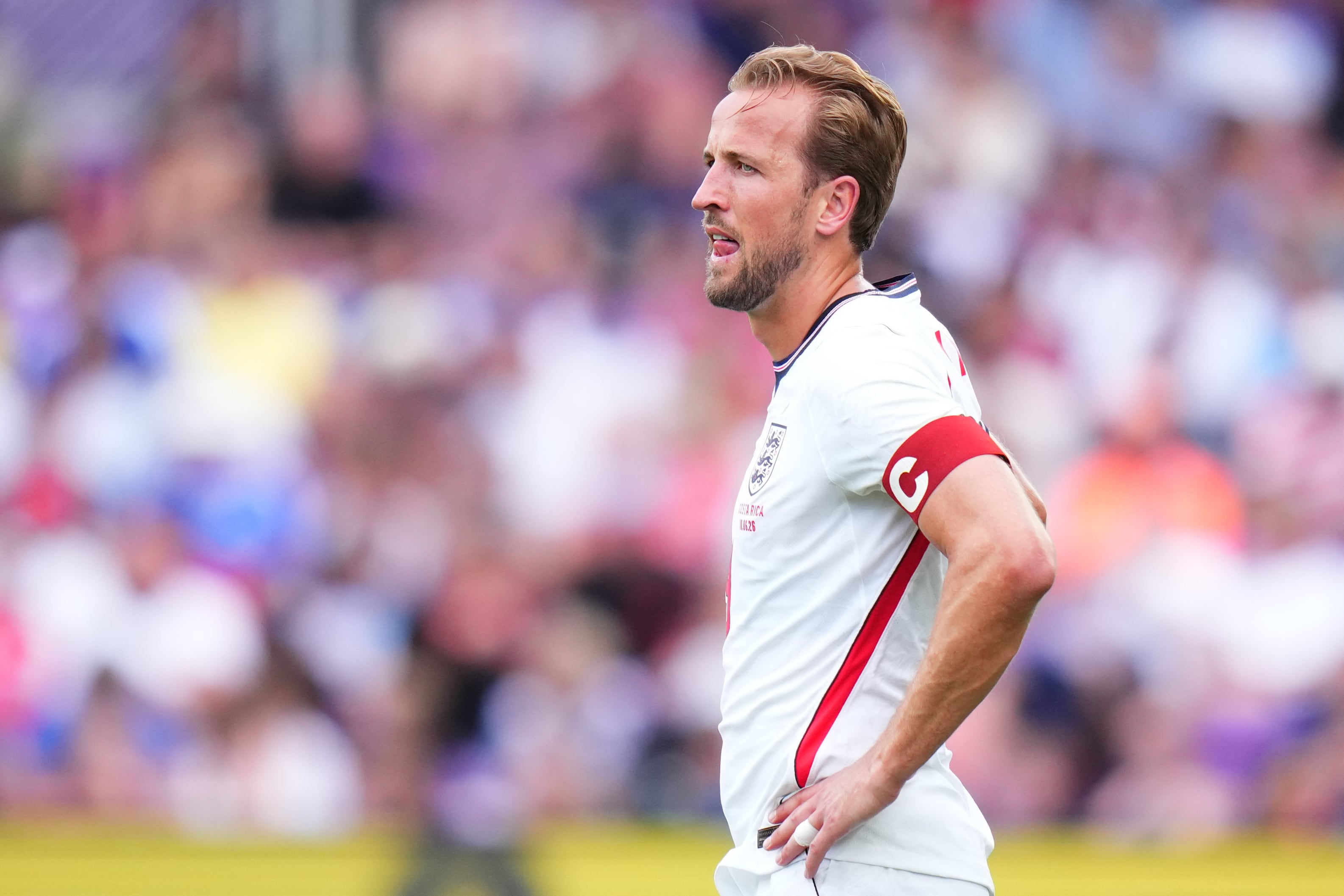 ORLANDO, FLORIDA - JUNE 10: Harry Kane #9 of England looks on during a international friendly against Costa Rica at Inter&Co Stadium on June 10, 2026 in Orlando, Florida. (Photo by Rich Storry/Getty Images)