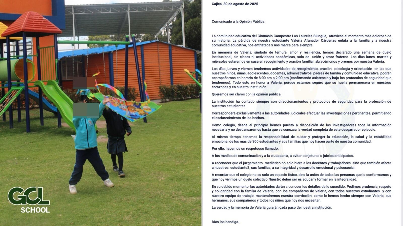 Este es el comunicado del colegio Gimnasio Campestre Los Laureles Bilingüe.