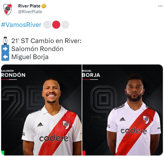 Miguel Ángel Borja fue titular y salió al minuto 21 del segundo tiempo por Salomón Rondón. Foto: Twitter River Plate.