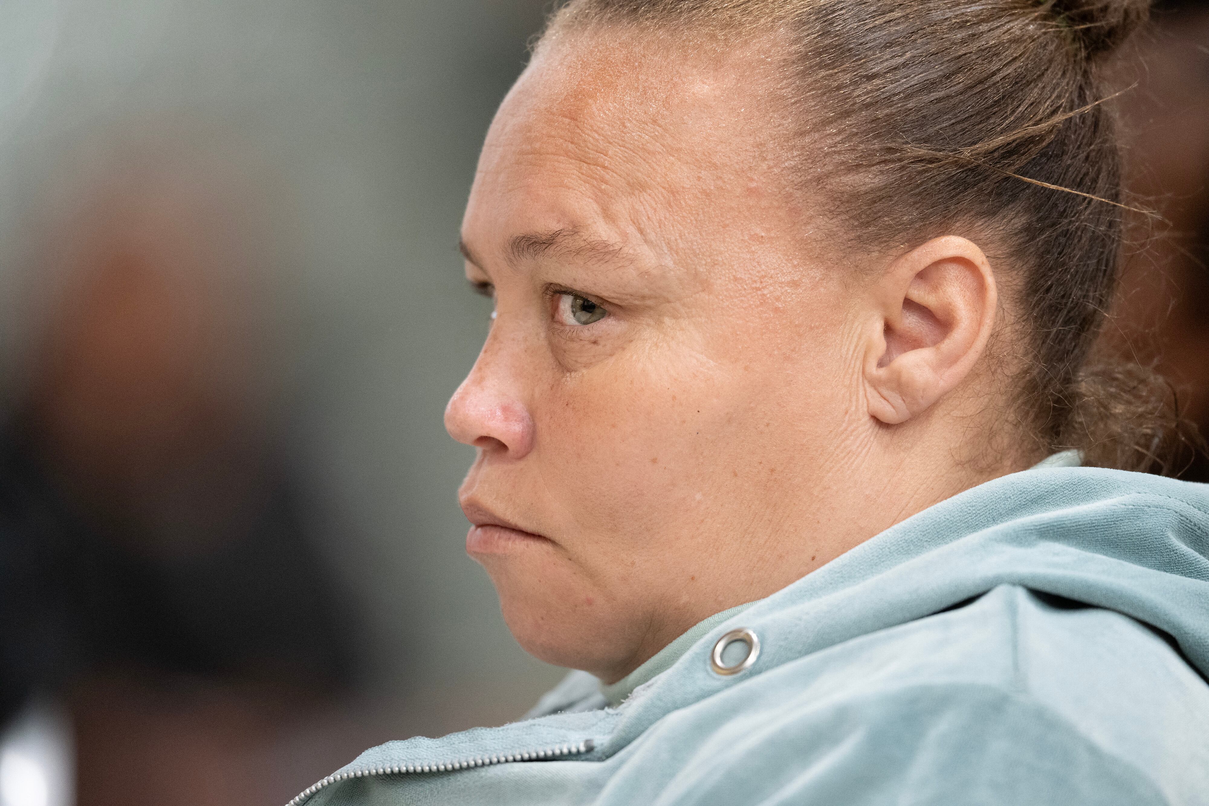 Racquel "Kelly" Smith listens to proceedings in court in Saldanha Bay on May 29, 2025 where she and her co-accused will receive their sentences after they were found guilty of kidnapping and human trafficking of her missing child Joshlin Smith. (Photo by RODGER BOSCH / AFP)