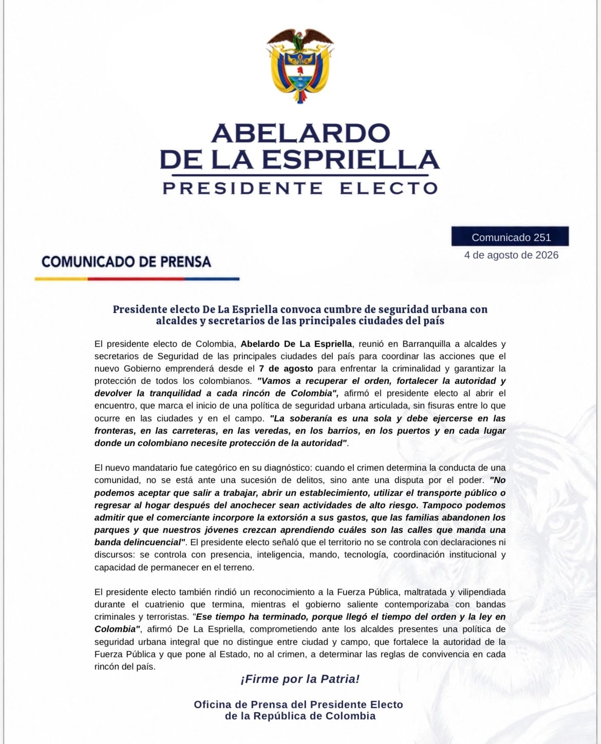 Comunicado de prensa Abelardo De La Espriella.