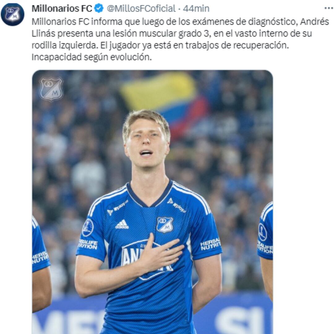 Millonarios comunicó la gravedad de la lesión de Andrés Llinás.