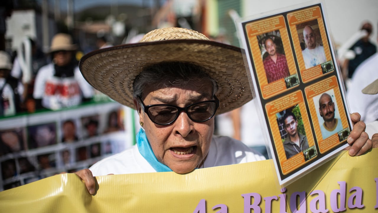 (FILES) In this file photo taken on January 20, 2019, Mexican Maria Herrera, who looks for four missing sons, holds their portraits during a march as part of the activities of the fourth National Search Brigade, in Huitzuco de los Figueroa, Guerrero state, Mexico. - Maria Herrera lived a happy life selling clothes in a market in Mexico, until four of her children disappeared in two incidents, amid an incessant wave of violence. Now, she is a "beast" looking for her children's traces and an emblem to thousands of relatives of disappeared people. (Photo by Pedro PARDO / AFP)
