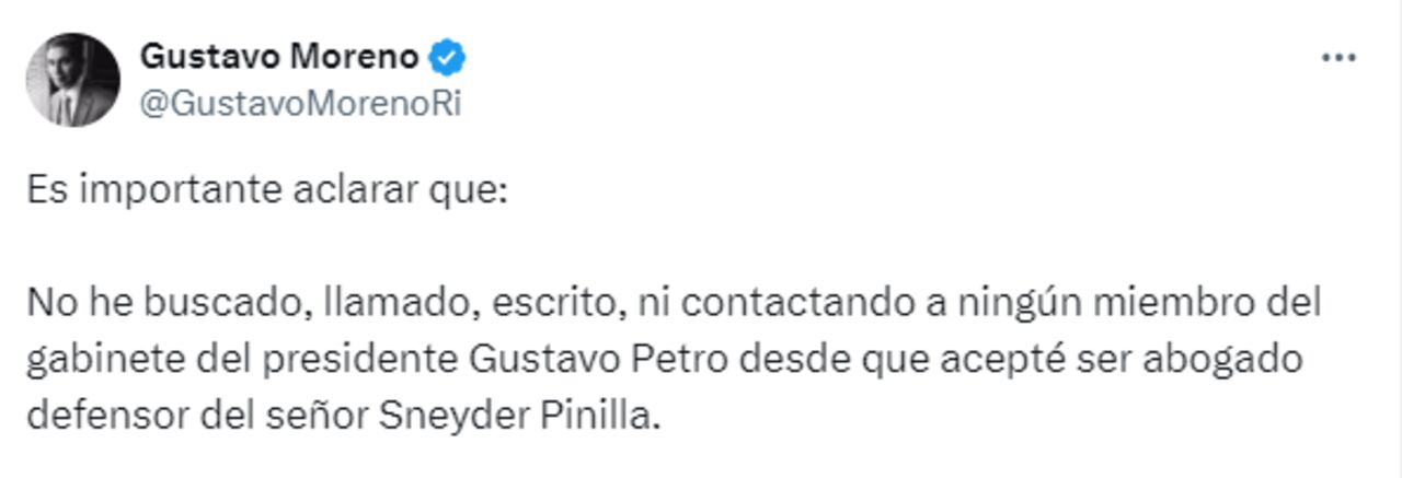 El abogado Gustavo Moreno publicó un mensaje en X sobre reuniones con los ministros del Interior y de Justicia.