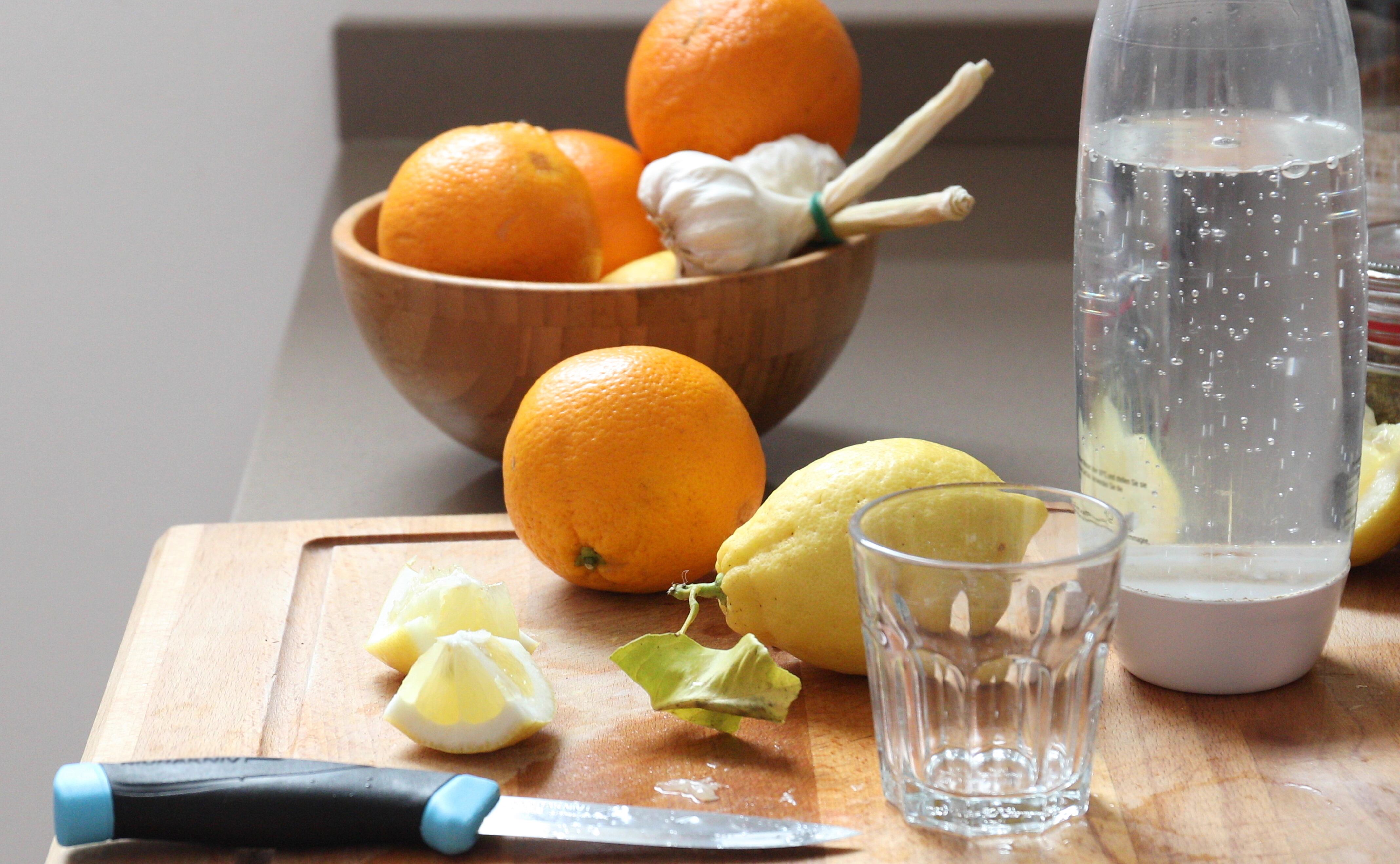 Excursionista hembra se relaja por encima del huerto de naranjos al amanecer.