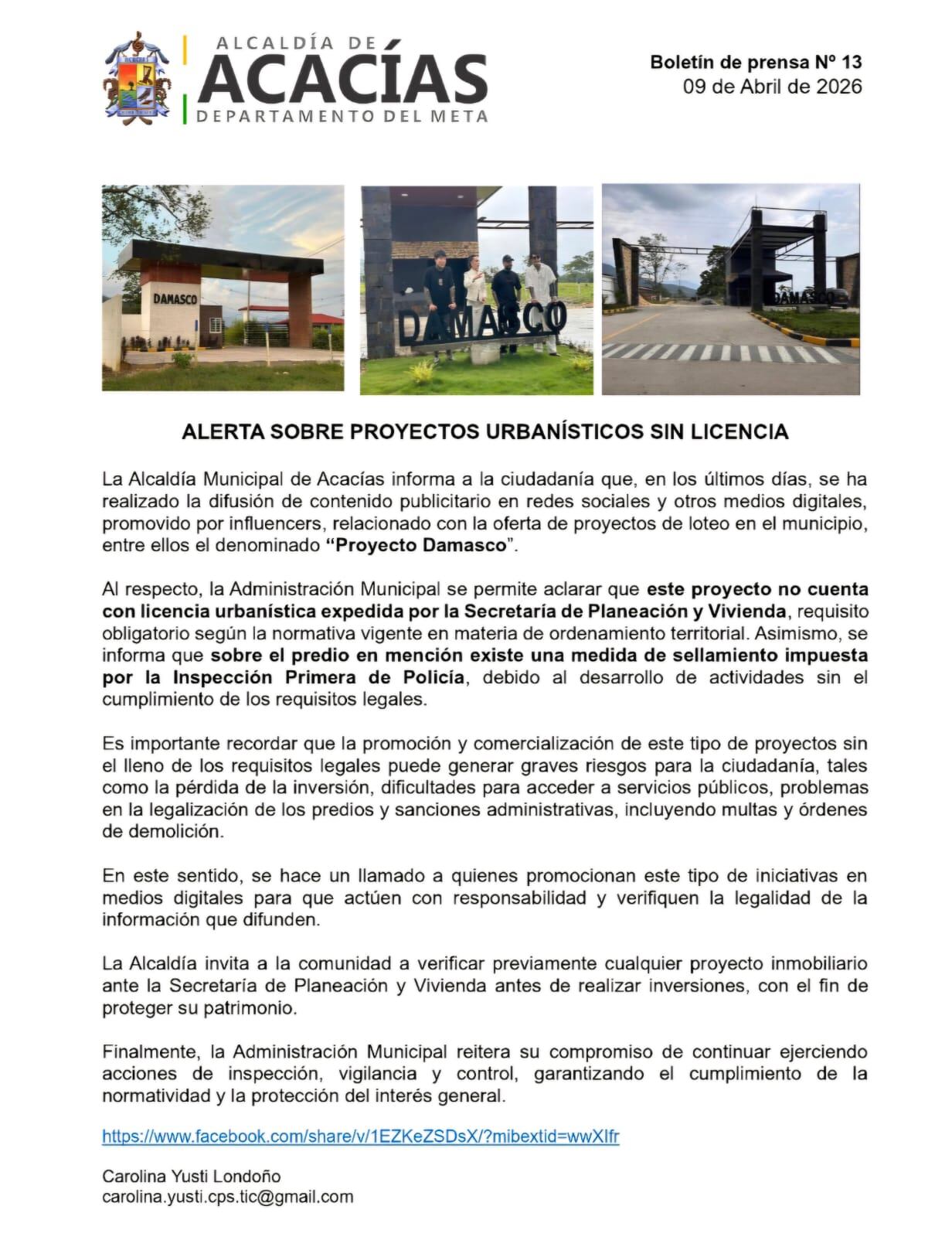 Alcaldía de Acacías emite alerta sobre proyecto inmobiliario promocionado por Yeferson Cossio