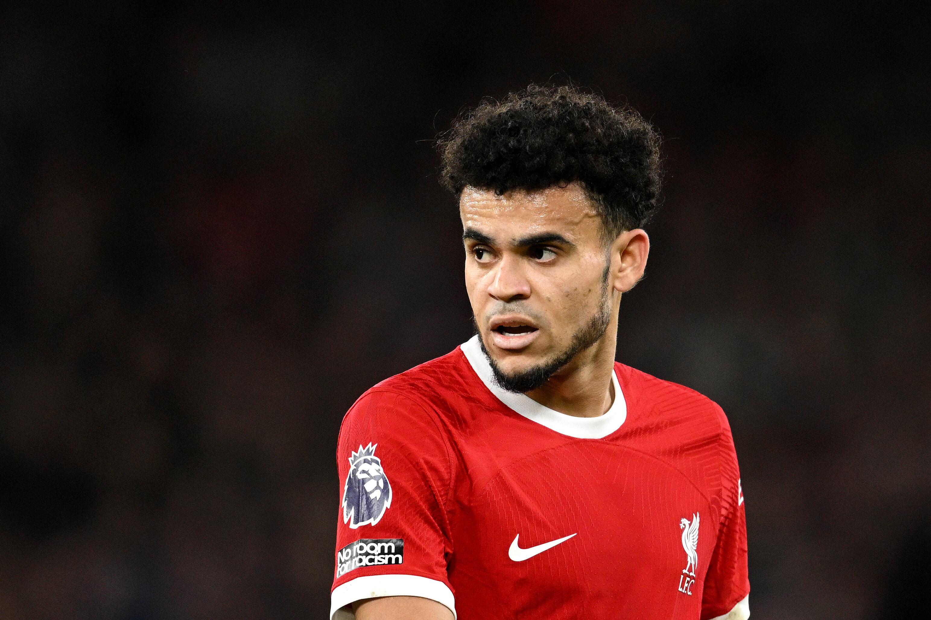 LIVERPOOL, ENGLAND - DECEMBER 23: Luis Diaz of Liverpool looks on during the Premier League match between Liverpool FC and Arsenal FC at Anfield on December 23, 2023 in Liverpool, England. (Photo by Michael Regan/Getty Images)