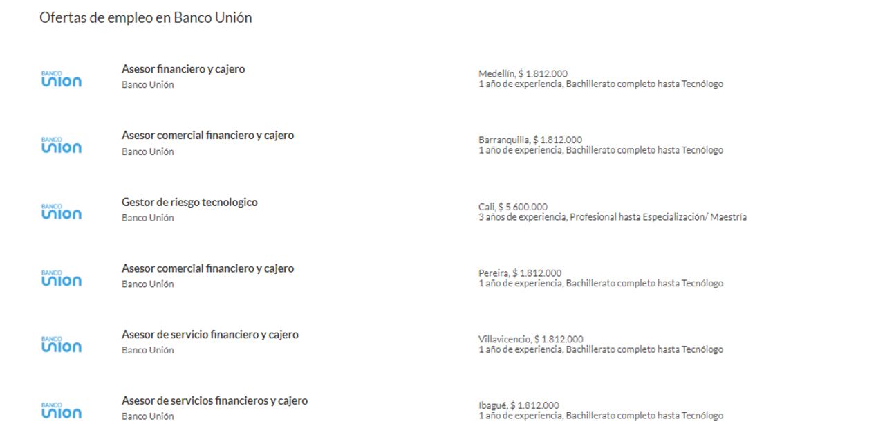 Ofertas de empleo del Banco Unión