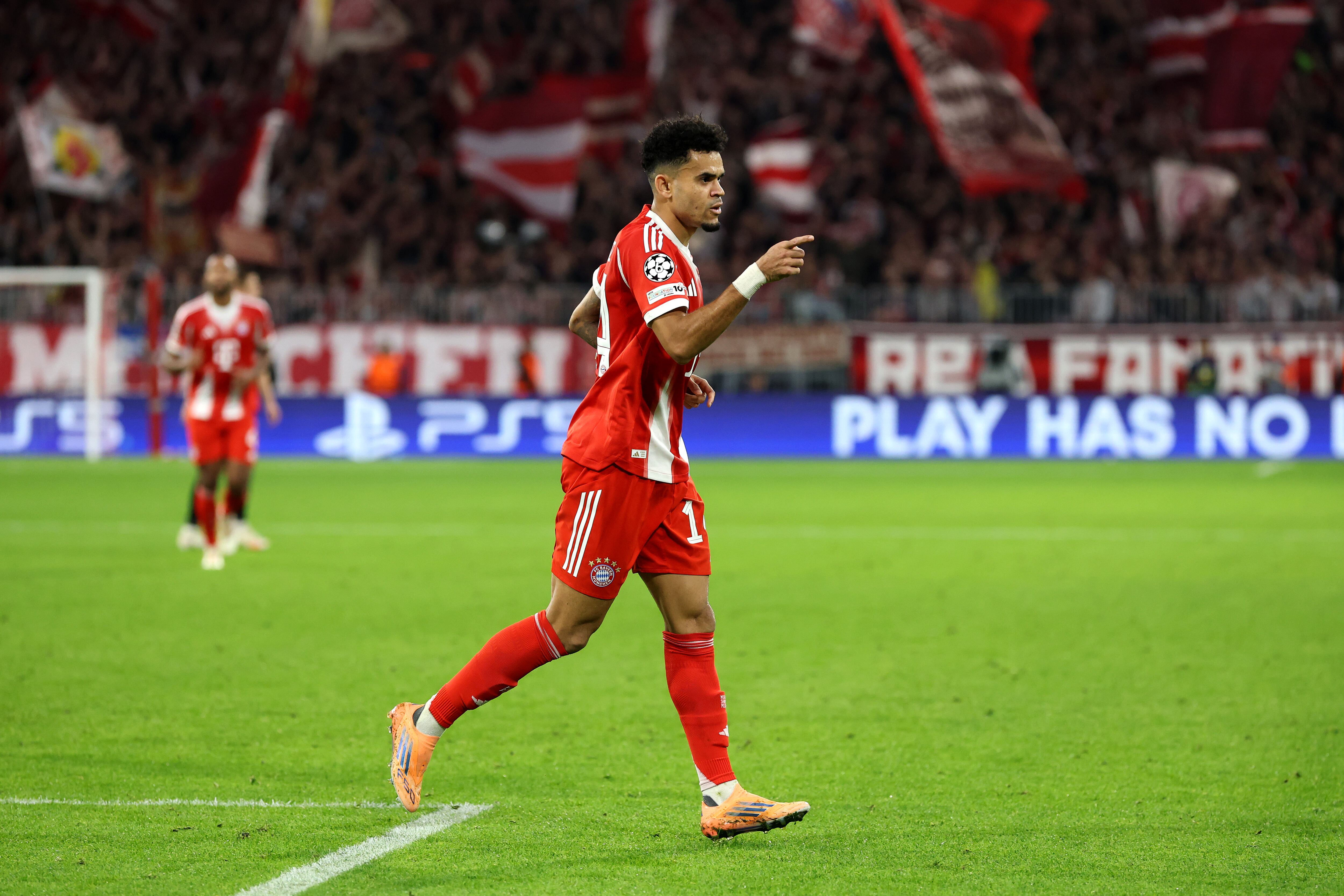 MUNICH, GERMANY - OCTOBER 22: Luis Diaz of Bayern Munich celebrates scoring his team's third goal during the UEFA Champions League 2025/26 League Phase MD3 match between FC Bayern München and Club Brugge KV at Football Arena Munich on October 22, 2025 in Munich, Germany. (Photo by Alexander Hassenstein/Getty Images)