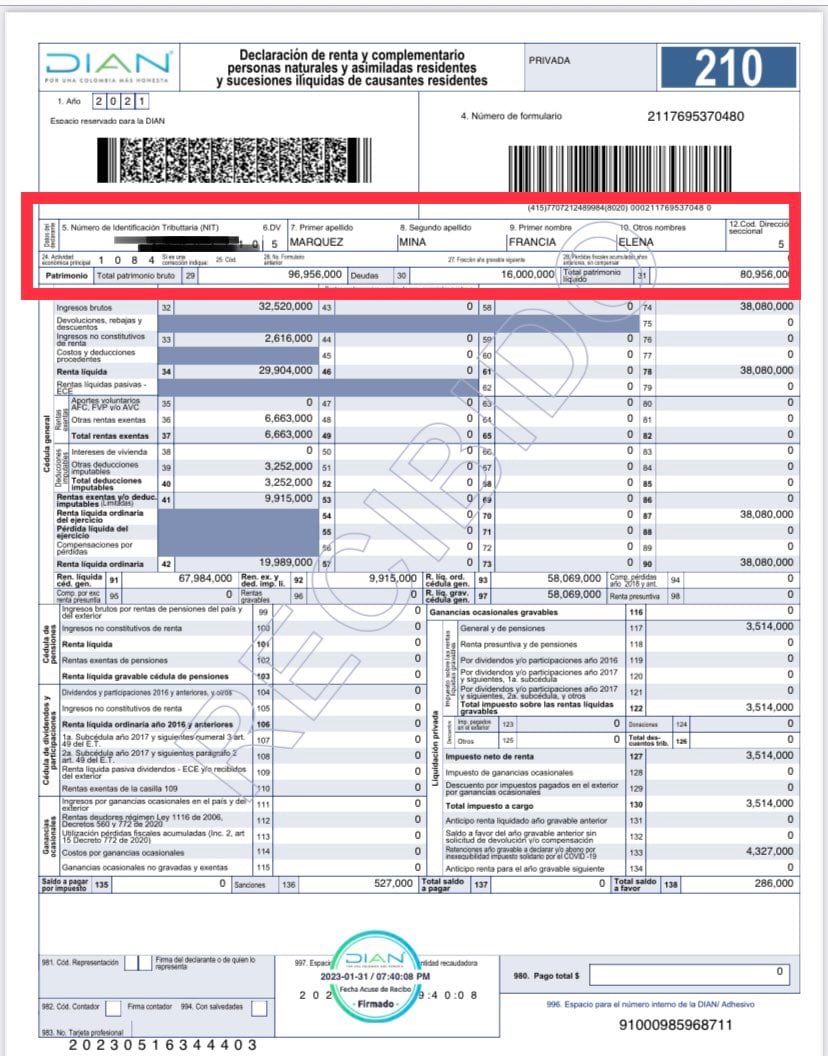 Declaración de renta Francia Márquez