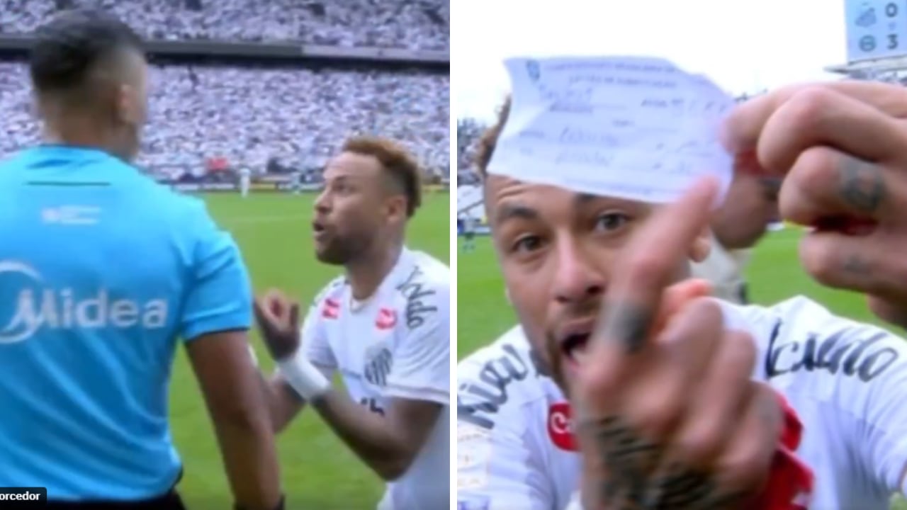 Neymar reclamando por el error arbitral en el partido de Santos contra Curitiba.