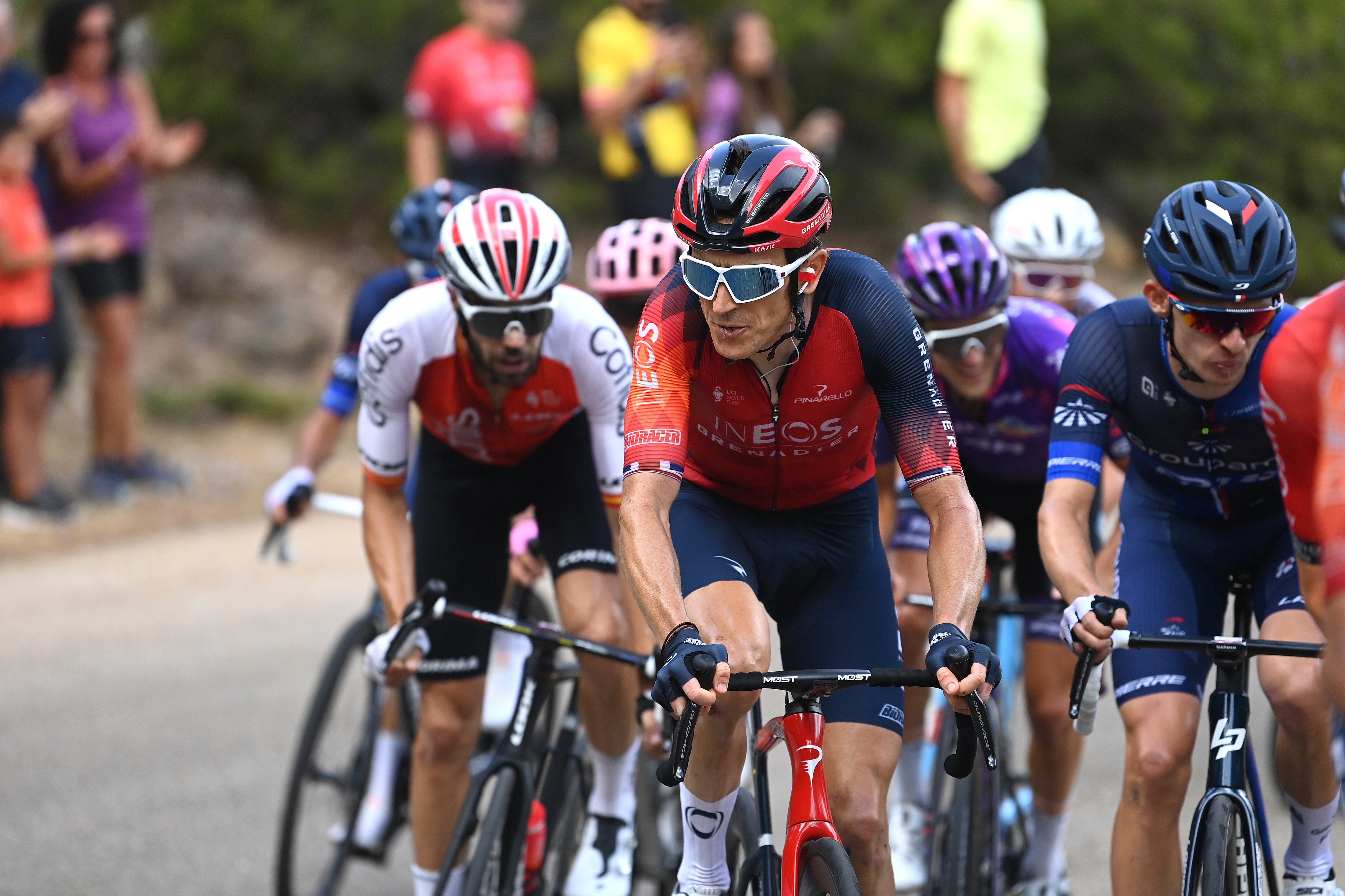 LA LAGUNA NEGRA.VINUESA, SPAIN - SEPTEMBER 06: Geraint Thomas of The United Kingdom and Team INEOS Grenadiers competes in the breakaway during the 78th Tour of Spain 2023, Stage 11 a 163.2km stage from Lerma to La Laguna Negra. Vinuesa 1730m / #UCIWT / on September 06, 2023 in La Laguna Negra.Vinuesa, Spain. (Photo by Tim de Waele/Getty Images)