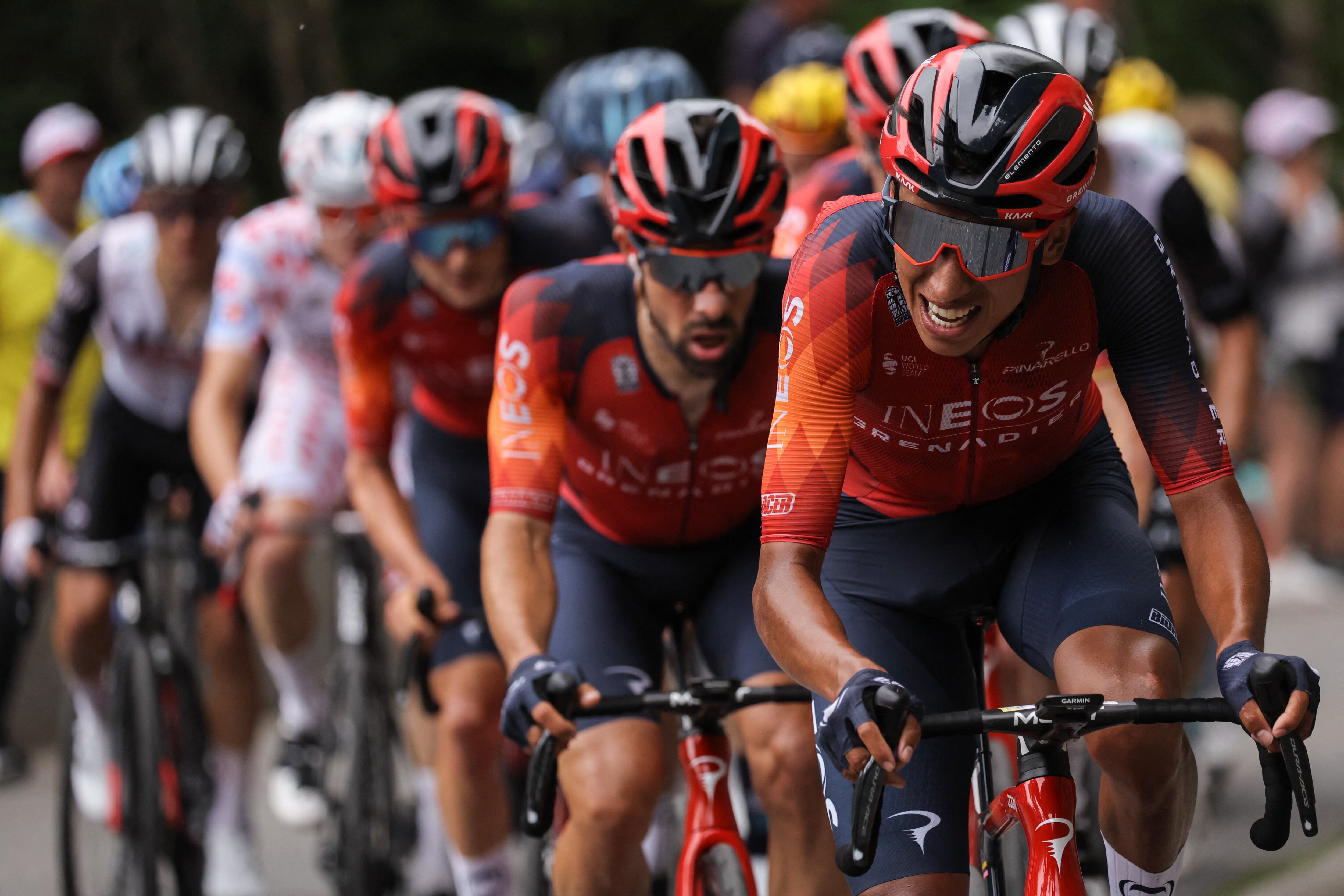 INEOS - Grenadiers' Colombian rider Egan Bernal cycles in the ascent of the Col de Cauterets-Cambasque during the 6th stage of the 110th edition of the Tour de France cycling race, 145 km between Tarbes and Cauterets-Cambasque, in the Pyrenees mountains in southwestern France, on July 6, 2023. (Photo by Thomas SAMSON / AFP)