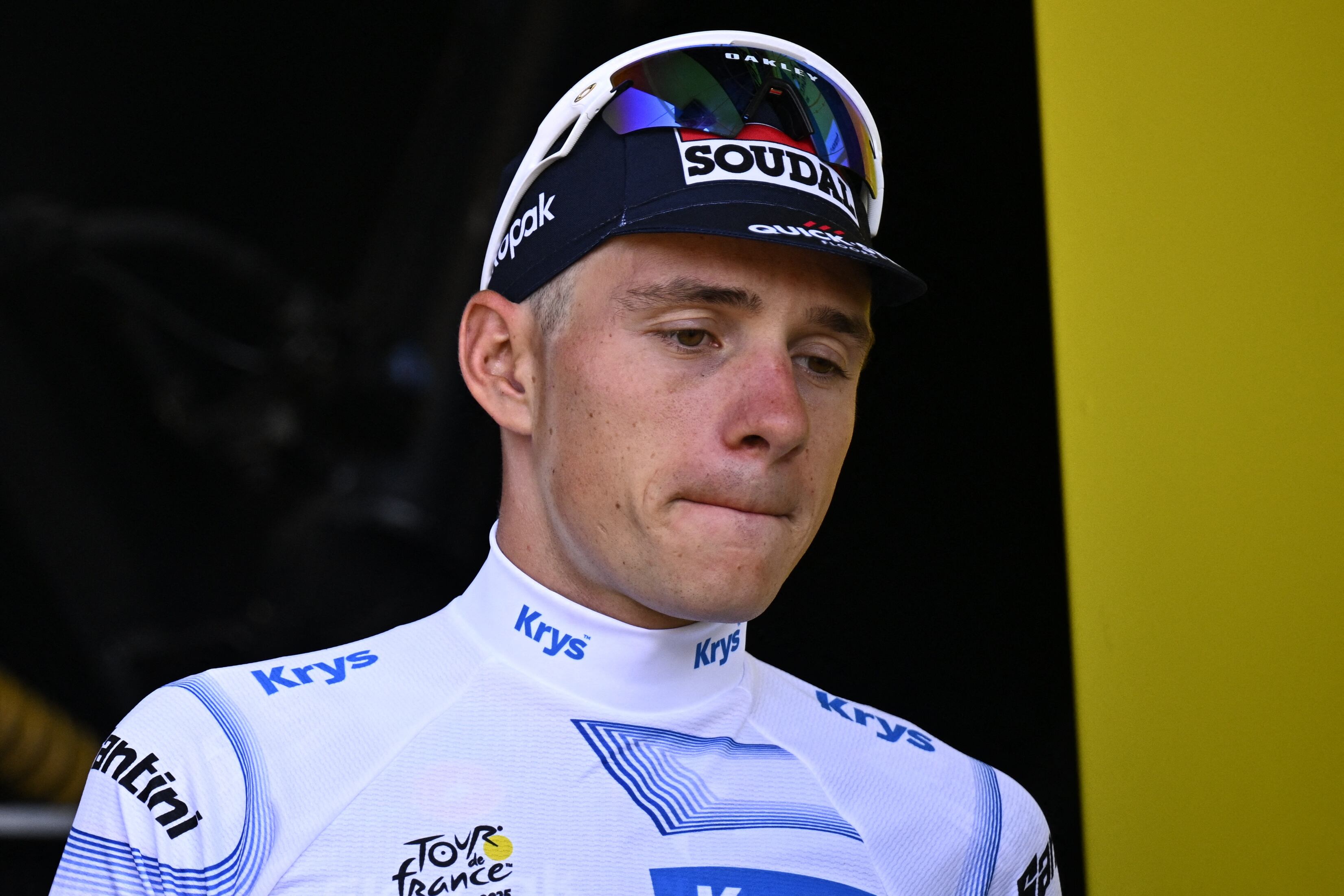 Belgian Remco Evenepoel of Soudal Quick-Step celebrates on the podium in the white jersey for best young rider after stage 13 of the 2025 Tour de France cycling race, an 11km individual time trial from Loudenvielle to Peyragudes, on Friday 18 July 2025 in France. The 112th edition of the Tour de France starts on Saturday 5 July in Lille, France, and will finish in Paris, France on the 27th of July.