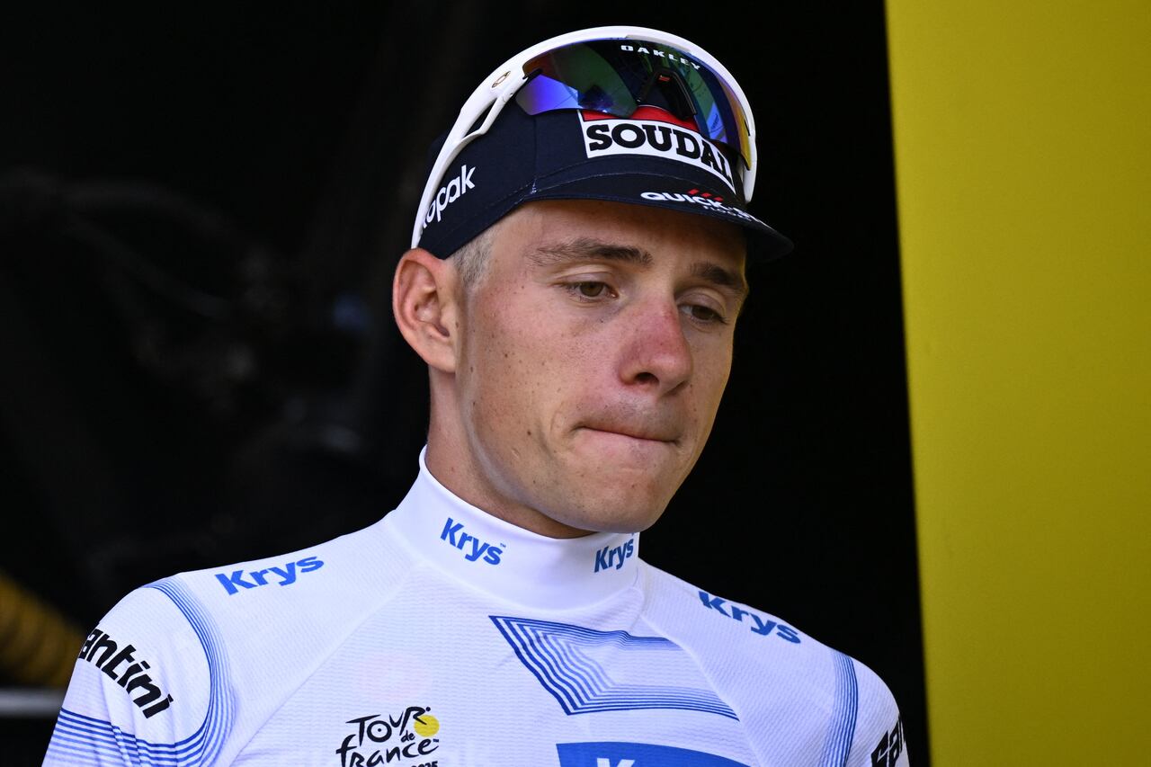 Belgian Remco Evenepoel of Soudal Quick-Step celebrates on the podium in the white jersey for best young rider after stage 13 of the 2025 Tour de France cycling race, an 11km individual time trial from Loudenvielle to Peyragudes, on Friday 18 July 2025 in France. The 112th edition of the Tour de France starts on Saturday 5 July in Lille, France, and will finish in Paris, France on the 27th of July.