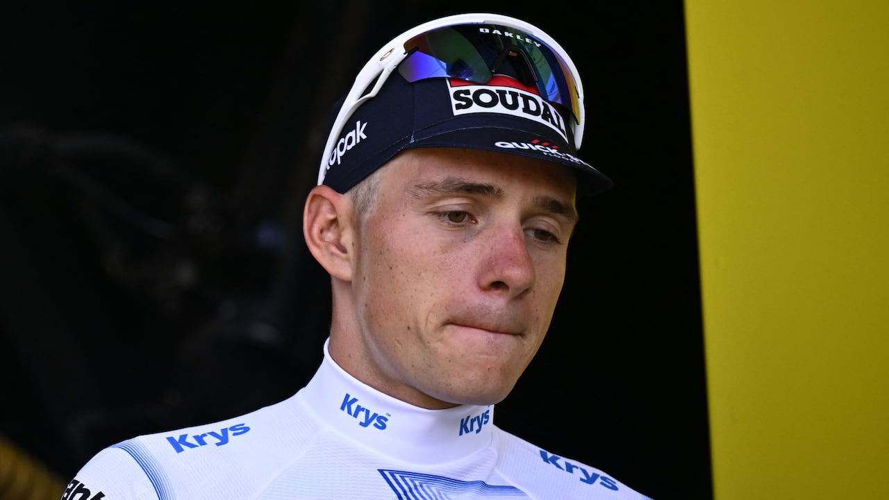 Belgian Remco Evenepoel of Soudal Quick-Step celebrates on the podium in the white jersey for best young rider after stage 13 of the 2025 Tour de France cycling race, an 11km individual time trial from Loudenvielle to Peyragudes, on Friday 18 July 2025 in France. The 112th edition of the Tour de France starts on Saturday 5 July in Lille, France, and will finish in Paris, France on the 27th of July.