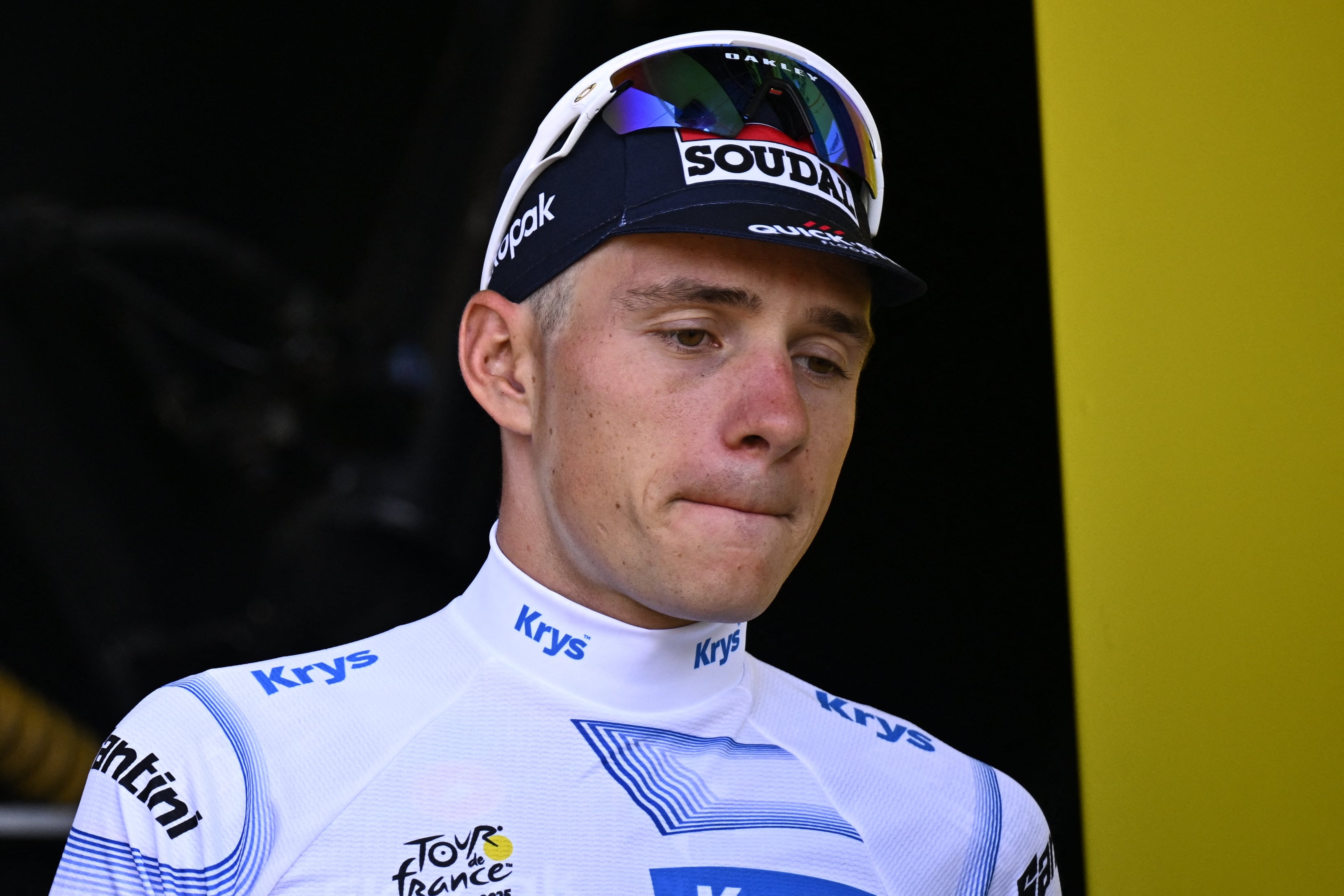Belgian Remco Evenepoel of Soudal Quick-Step celebrates on the podium in the white jersey for best young rider after stage 13 of the 2025 Tour de France cycling race, an 11km individual time trial from Loudenvielle to Peyragudes, on Friday 18 July 2025 in France. The 112th edition of the Tour de France starts on Saturday 5 July in Lille, France, and will finish in Paris, France on the 27th of July.
