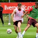 UNSPECIFIED, AUSTRIA - JULY 26: (THE SUN OUT, THE SUN ON SUNDAY OUT) Harvey Elliott and Luis Diaz of Liverpool during the Liverpool pre-season training camp on July 26, 2022 in UNSPECIFIED, Austria. (Photo by Andrew Powell/Liverpool FC via Getty Images)