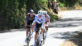 CHIAVARI, ITALY - MAY 20: (L-R) Chris Harper of Australia and Team Pinarello Q36.5 Pro Cycling, Enric Mas of Spain and Team Movistar compete in the breakaway during the 109th Giro d'Italia 2026, Stage 11 a 195km stage from Porcari to Chiavari / #UCIWT / on May 20, 2026 in Chiavari, Italy. (Photo by Dario Belingheri/Getty Image)